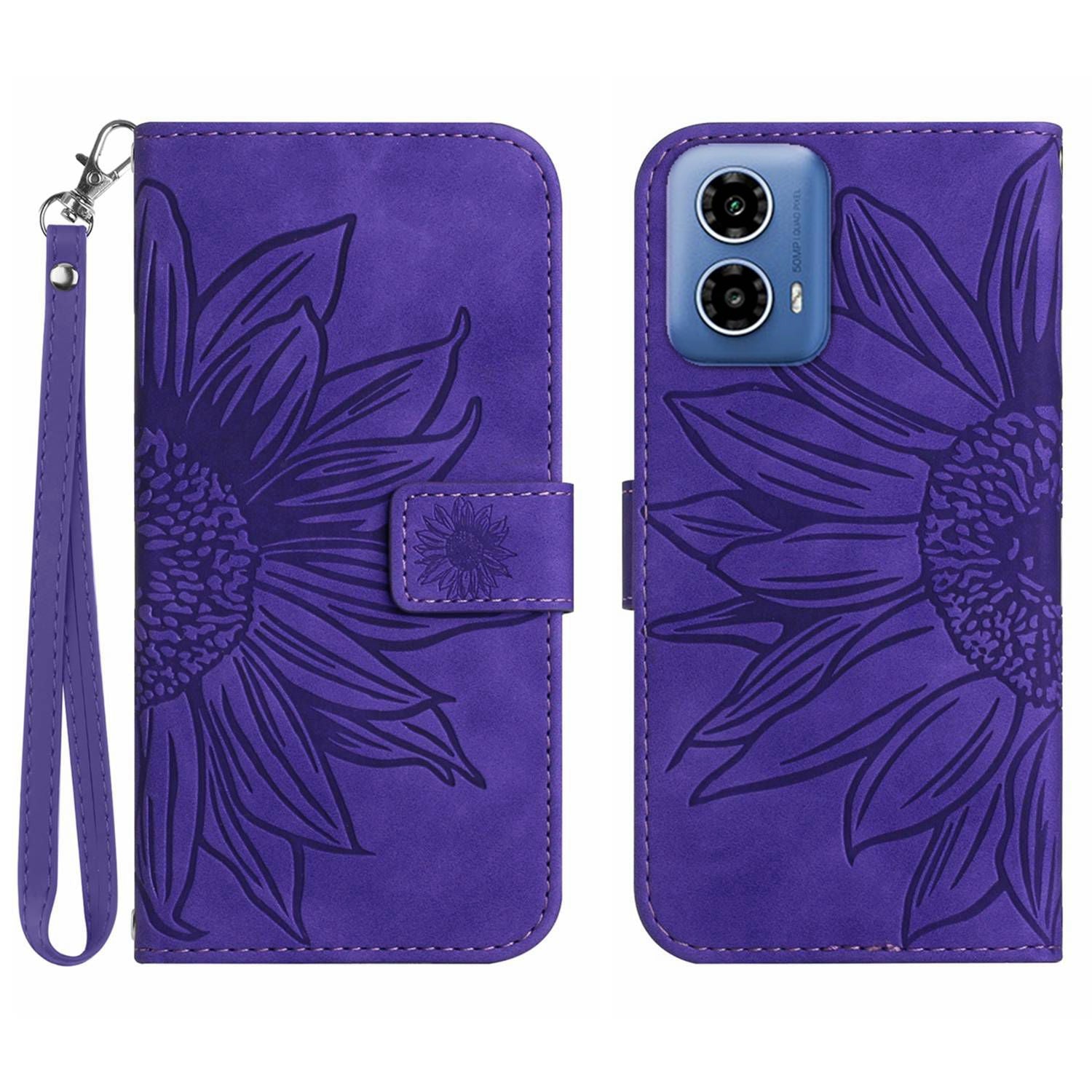 HT04 For Motorola Moto G34 5G Wallet Phone Folio Case Sunflower Pattern Imprinted - Dark Purple