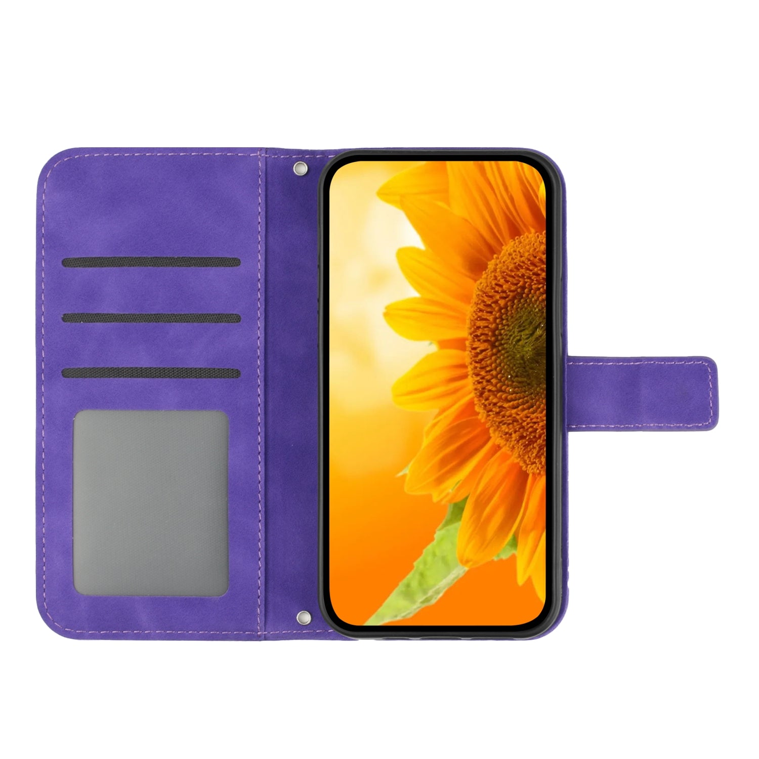 HT04 For Motorola Moto G34 5G Wallet Phone Folio Case Sunflower Pattern Imprinted - Dark Purple