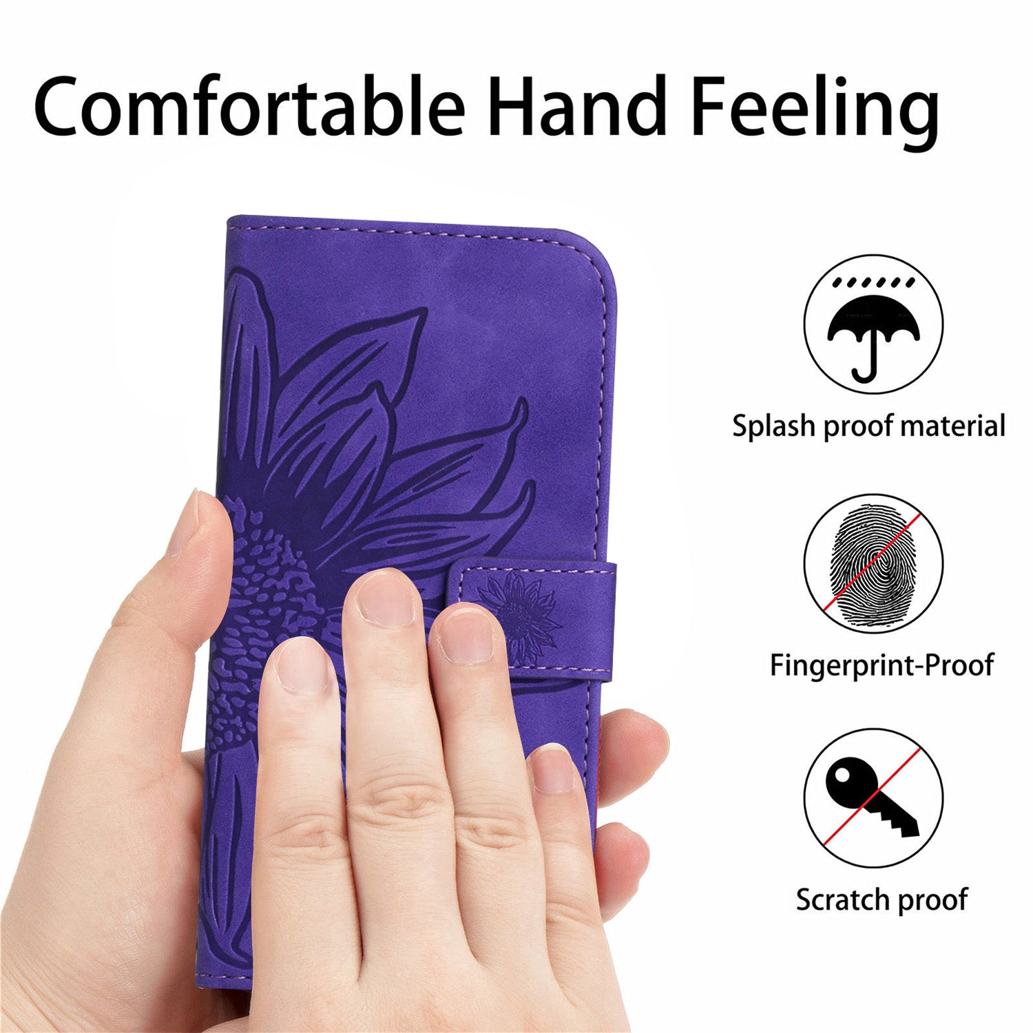 HT04 For Motorola Moto G34 5G Wallet Phone Folio Case Sunflower Pattern Imprinted - Dark Purple