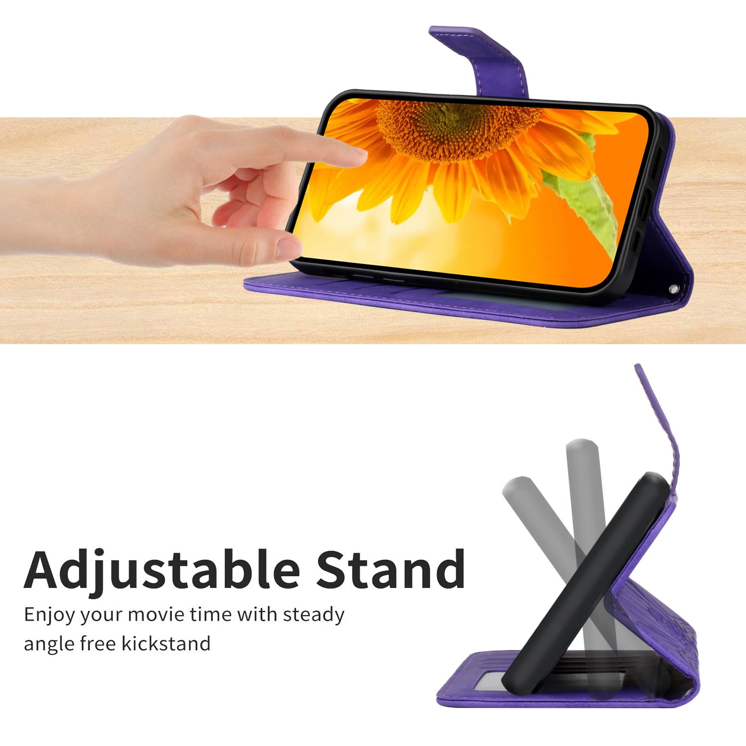 HT04 For Motorola Moto G34 5G Wallet Phone Folio Case Sunflower Pattern Imprinted - Dark Purple