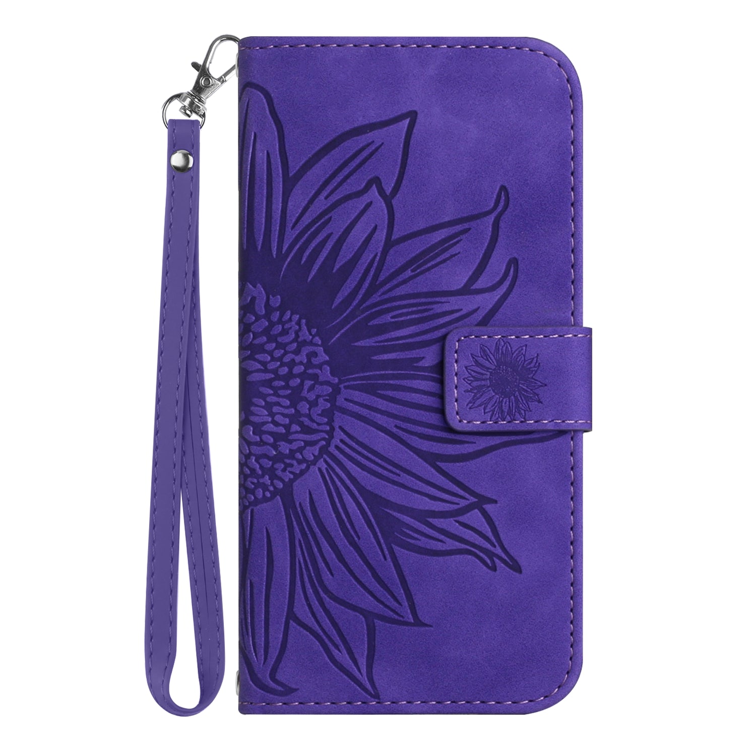 HT04 For Motorola Moto G34 5G Wallet Phone Folio Case Sunflower Pattern Imprinted - Dark Purple