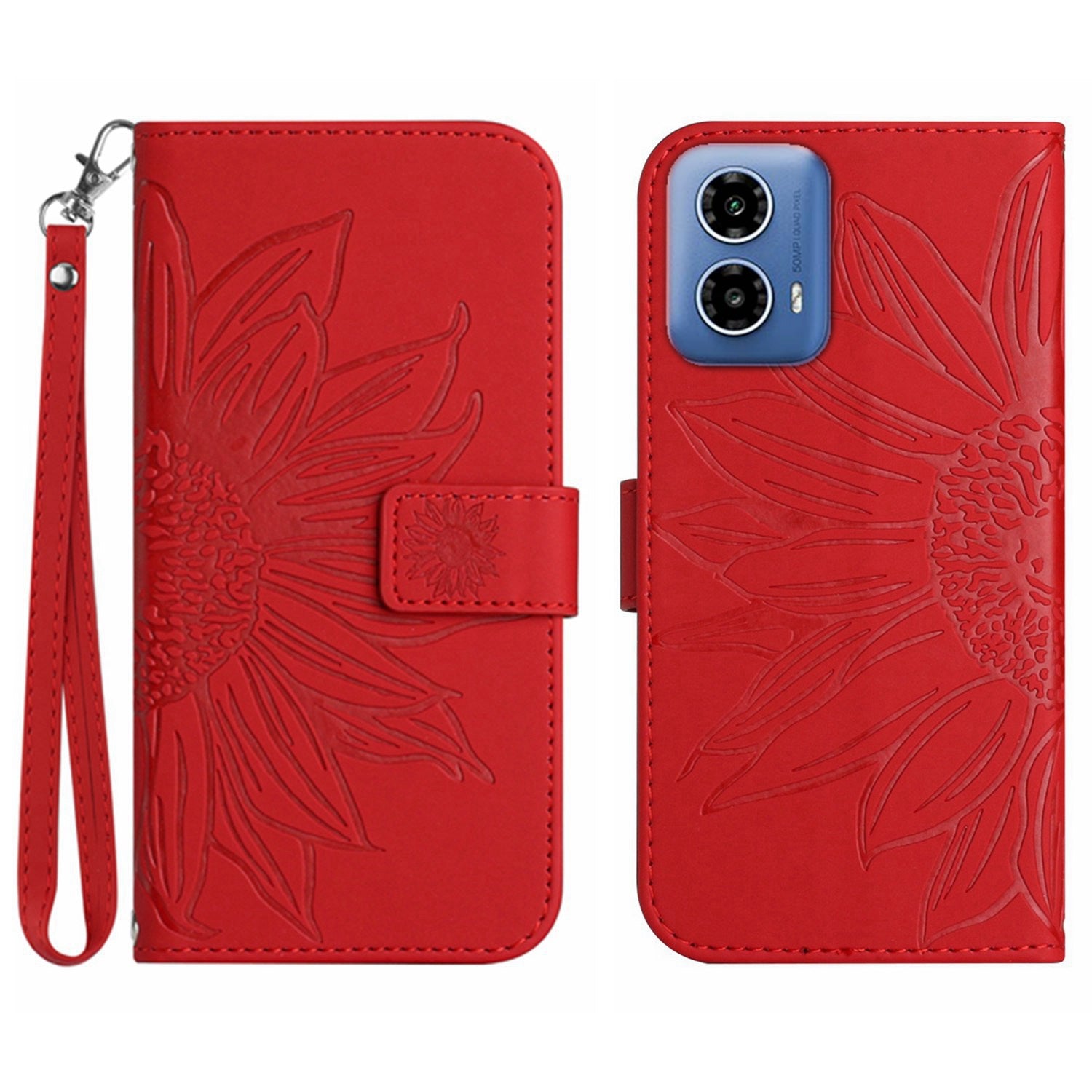 HT04 For Motorola Moto G34 5G Wallet Phone Folio Case Sunflower Pattern Imprinted - Dark Purple