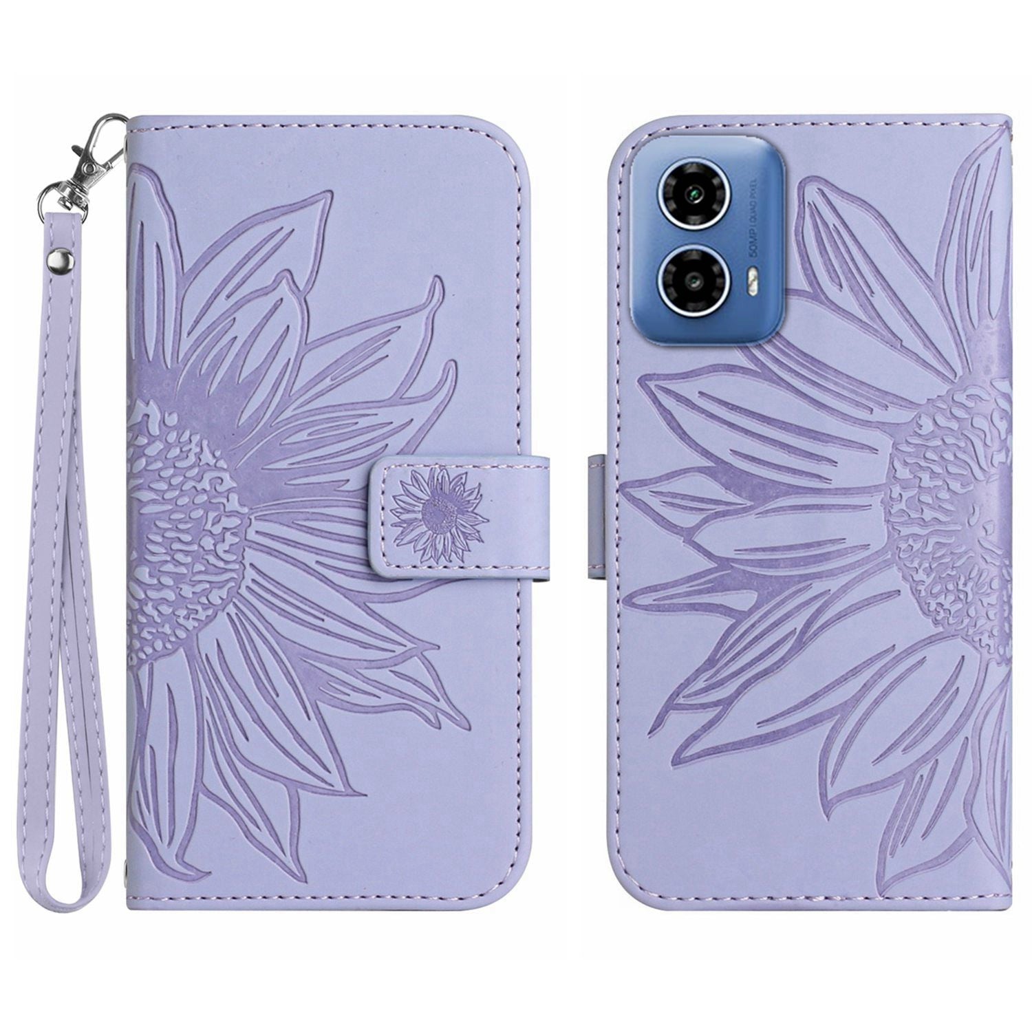 HT04 For Motorola Moto G34 5G Wallet Phone Folio Case Sunflower Pattern Imprinted - Dark Purple