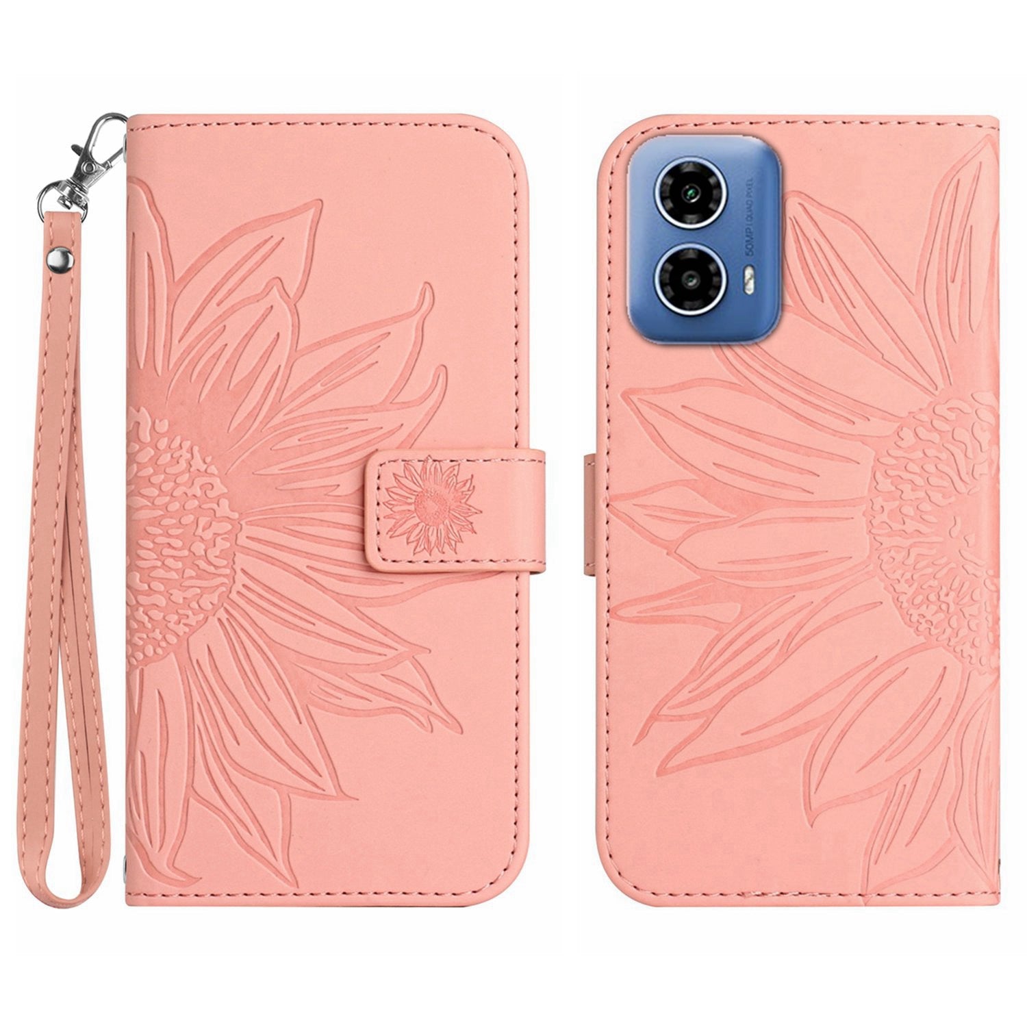 HT04 For Motorola Moto G34 5G Wallet Phone Folio Case Sunflower Pattern Imprinted - Dark Purple