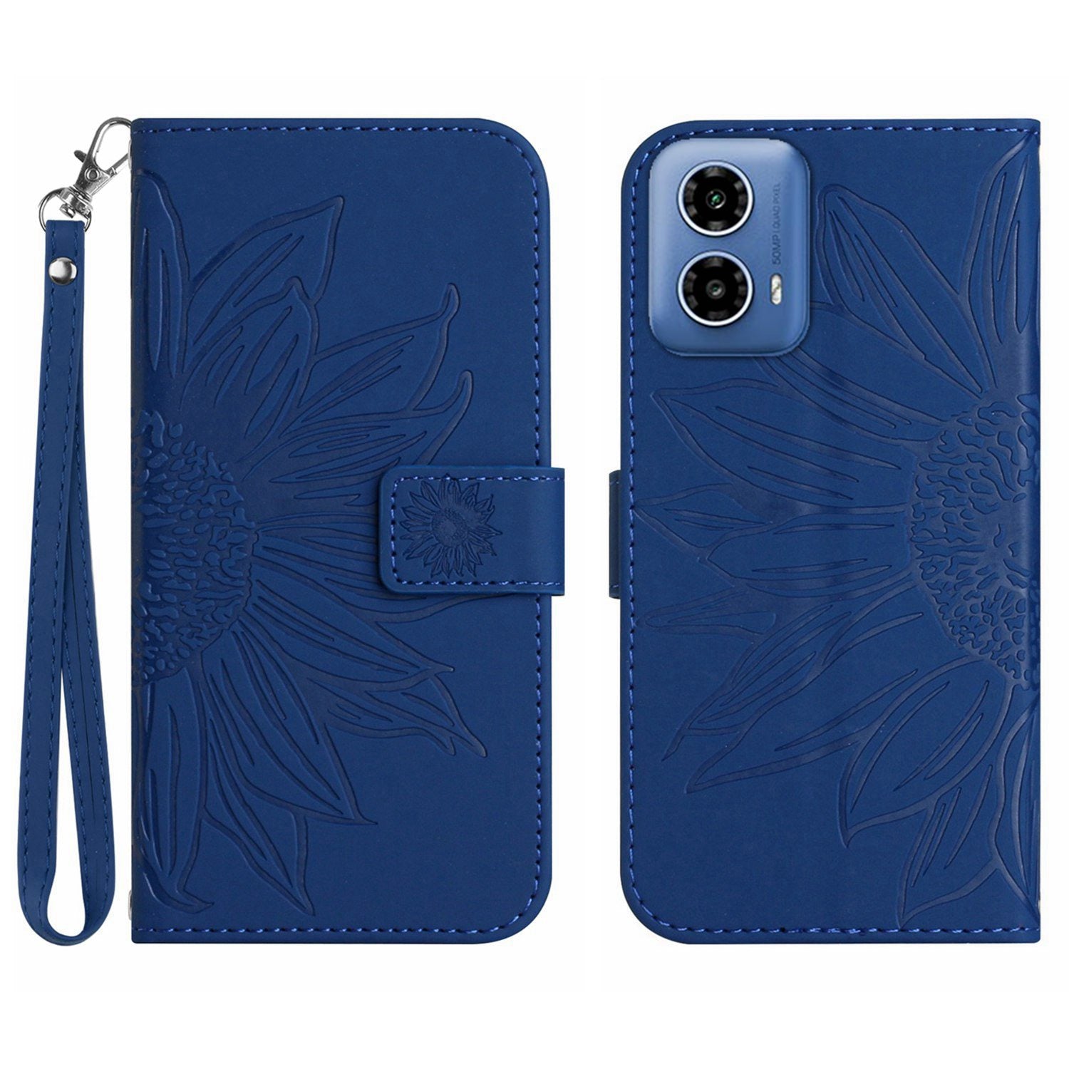 HT04 For Motorola Moto G34 5G Wallet Phone Folio Case Sunflower Pattern Imprinted - Dark Purple