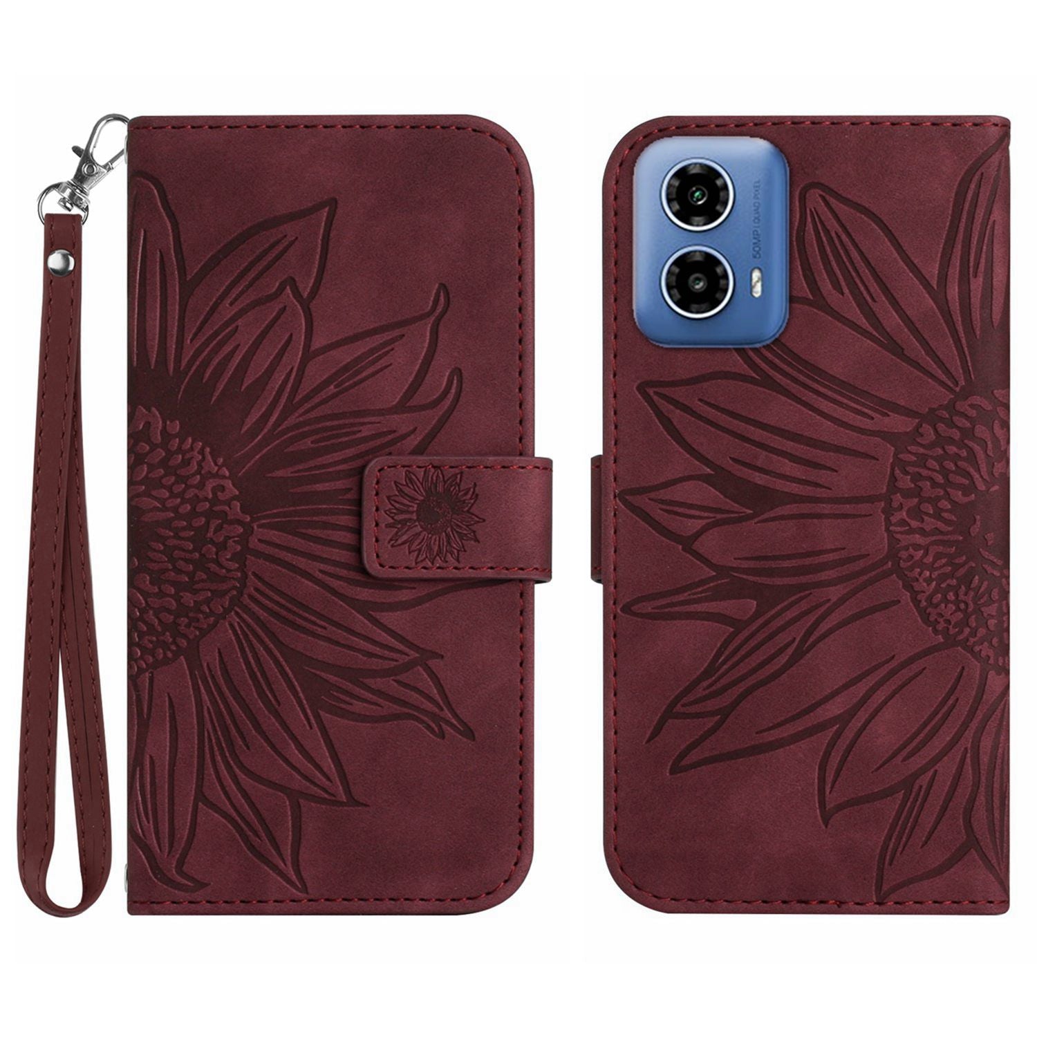HT04 For Motorola Moto G34 5G Wallet Phone Folio Case Sunflower Pattern Imprinted - Dark Purple
