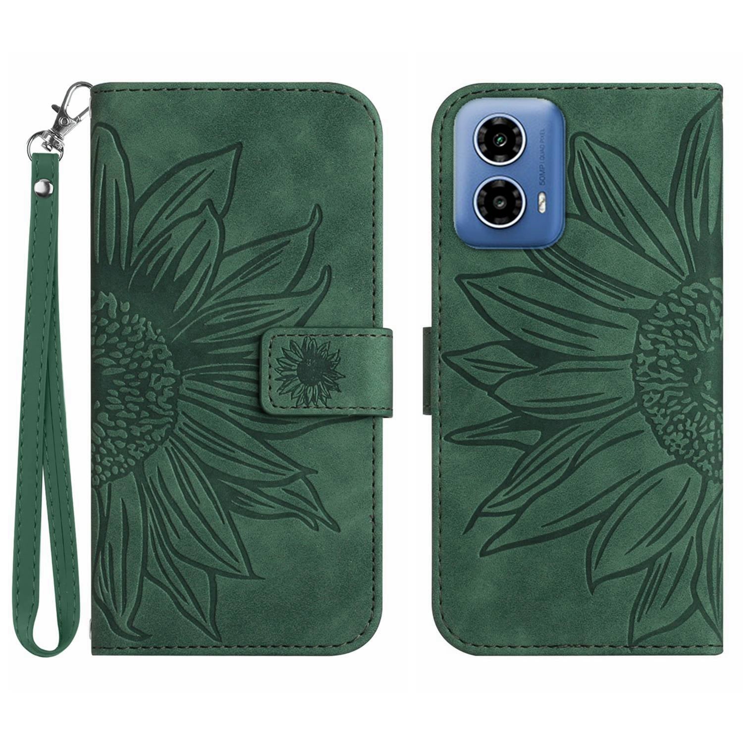 HT04 For Motorola Moto G34 5G Wallet Phone Folio Case Sunflower Pattern Imprinted - Dark Purple