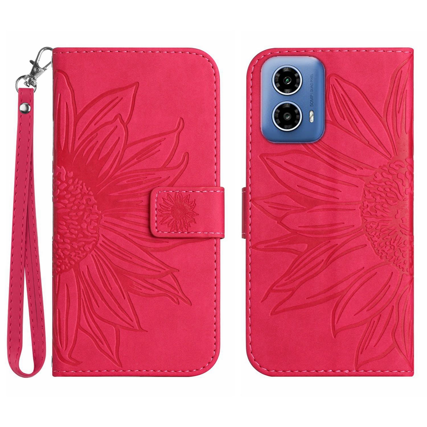 HT04 For Motorola Moto G34 5G Wallet Phone Folio Case Sunflower Pattern Imprinted - Dark Purple