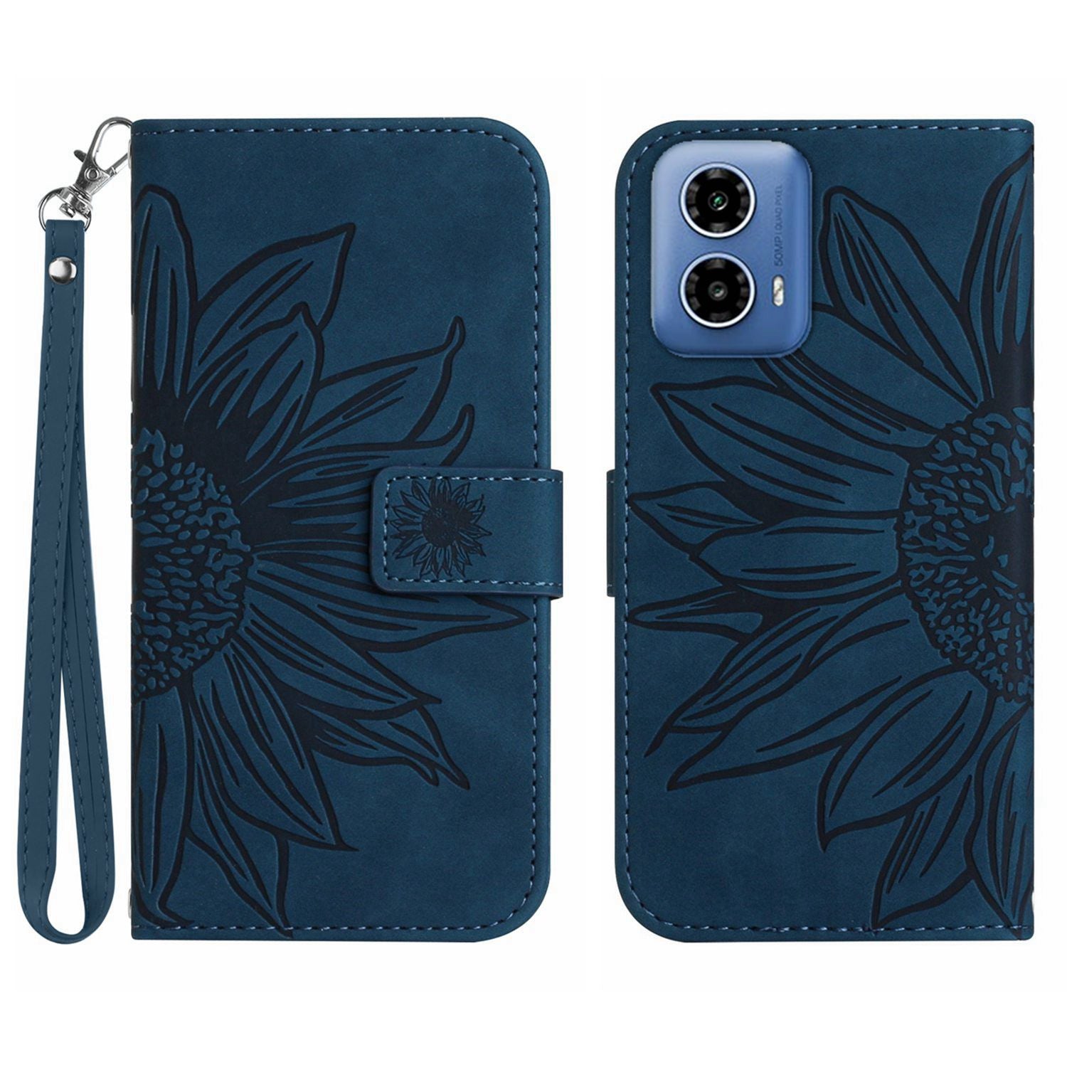 HT04 For Motorola Moto G34 5G Wallet Phone Folio Case Sunflower Pattern Imprinted - Dark Purple