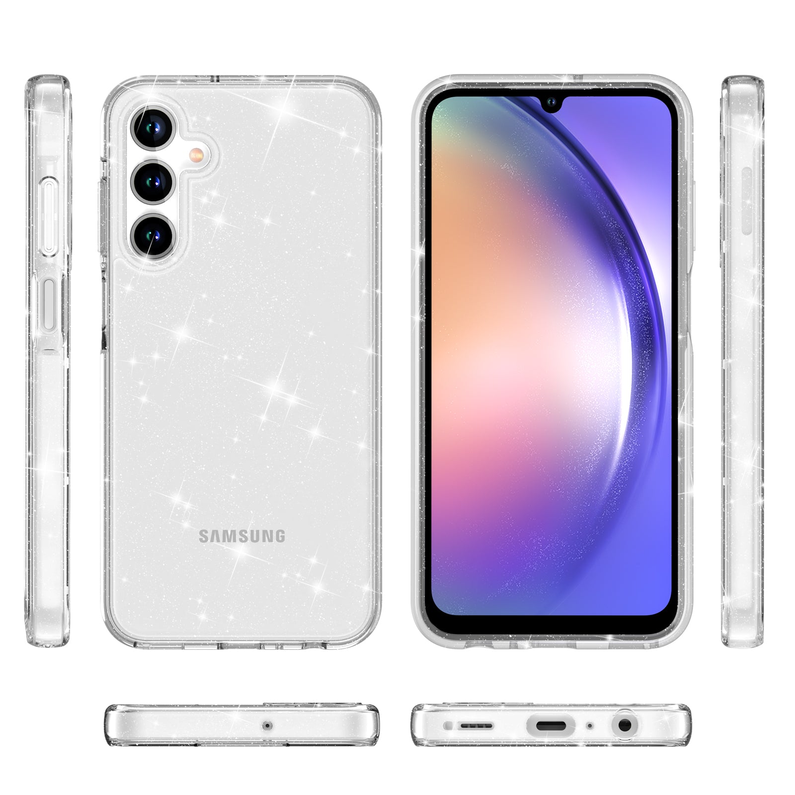 For Samsung Galaxy A35 5G Case PC+TPU Anti-scratch Sparkly Glitter Cell Phone Cover - White