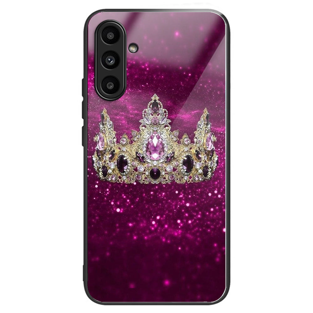 For Samsung Galaxy A14 4G / 5G Pattern Phone Case Tempered Glass Back TPU Bumper Hybrid Cover - Columns Crown