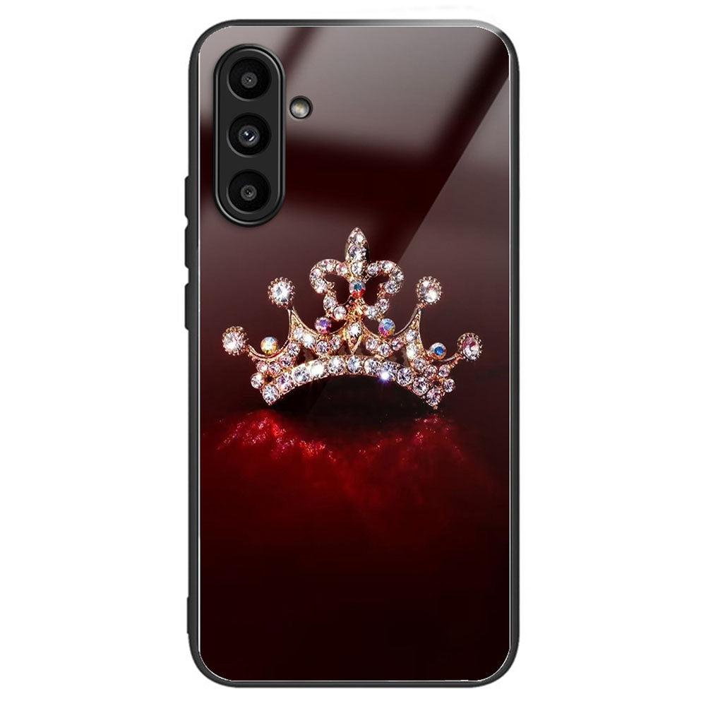 For Samsung Galaxy A14 4G / 5G Pattern Phone Case Tempered Glass Back TPU Bumper Hybrid Cover - Columns Crown