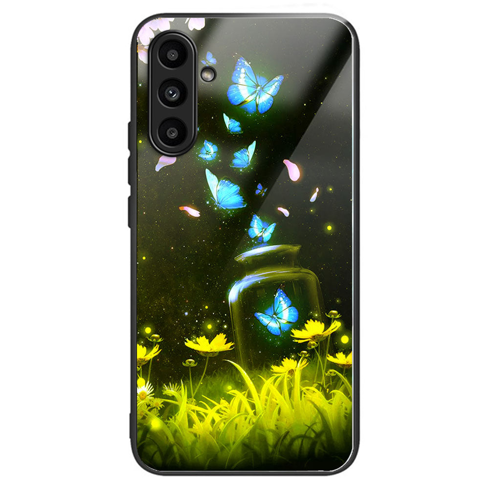 For Samsung Galaxy A14 4G / 5G Pattern Phone Case Tempered Glass Back TPU Bumper Hybrid Cover - Columns Crown