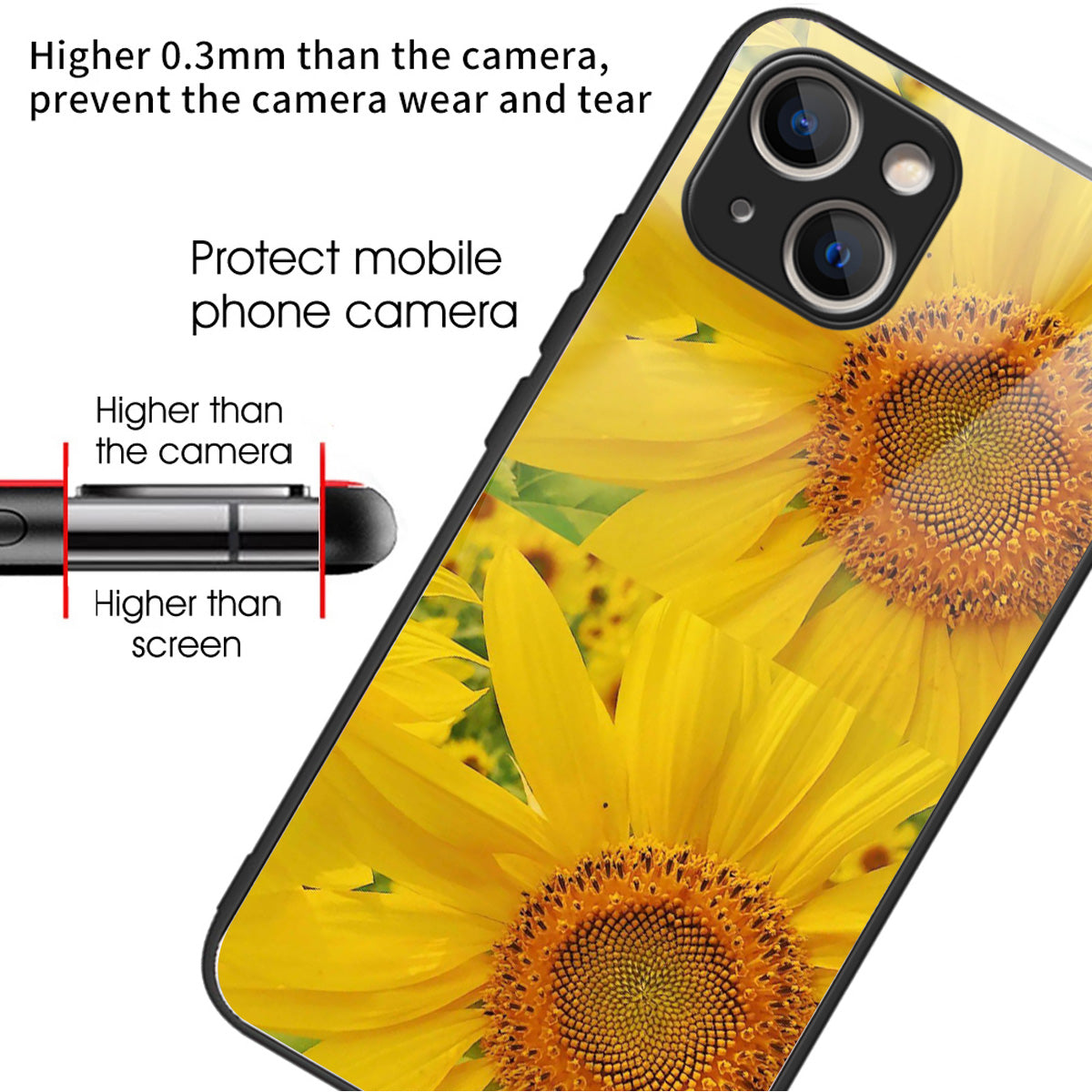 For iPhone 15 Tempered Glass Case Pattern Printing Phone Cover Drop-proof - Sunflower