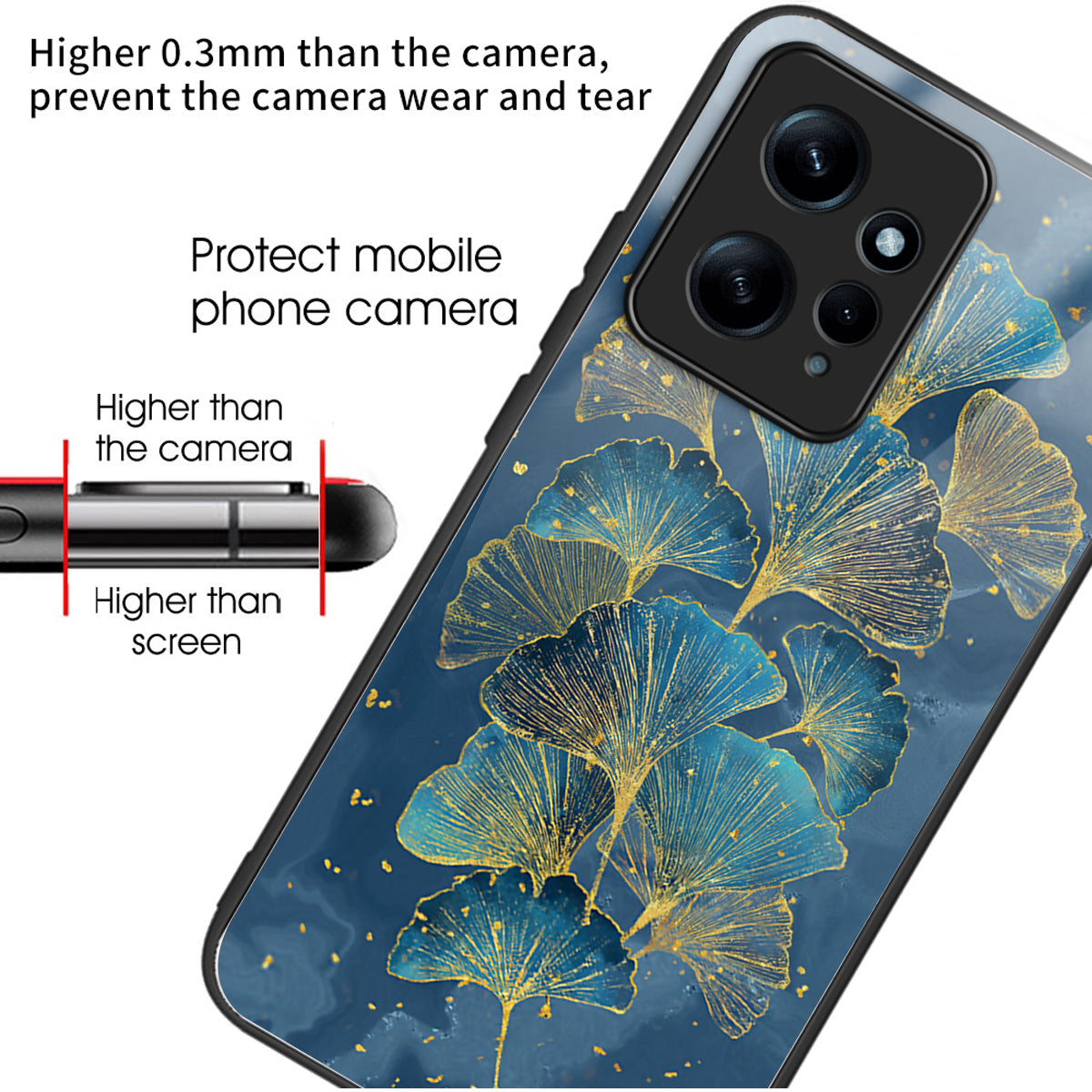 For Xiaomi Redmi Note 12 4G Phone Case Tempered Glass+TPU Anti-drop Cover - Ginkgo Leaves