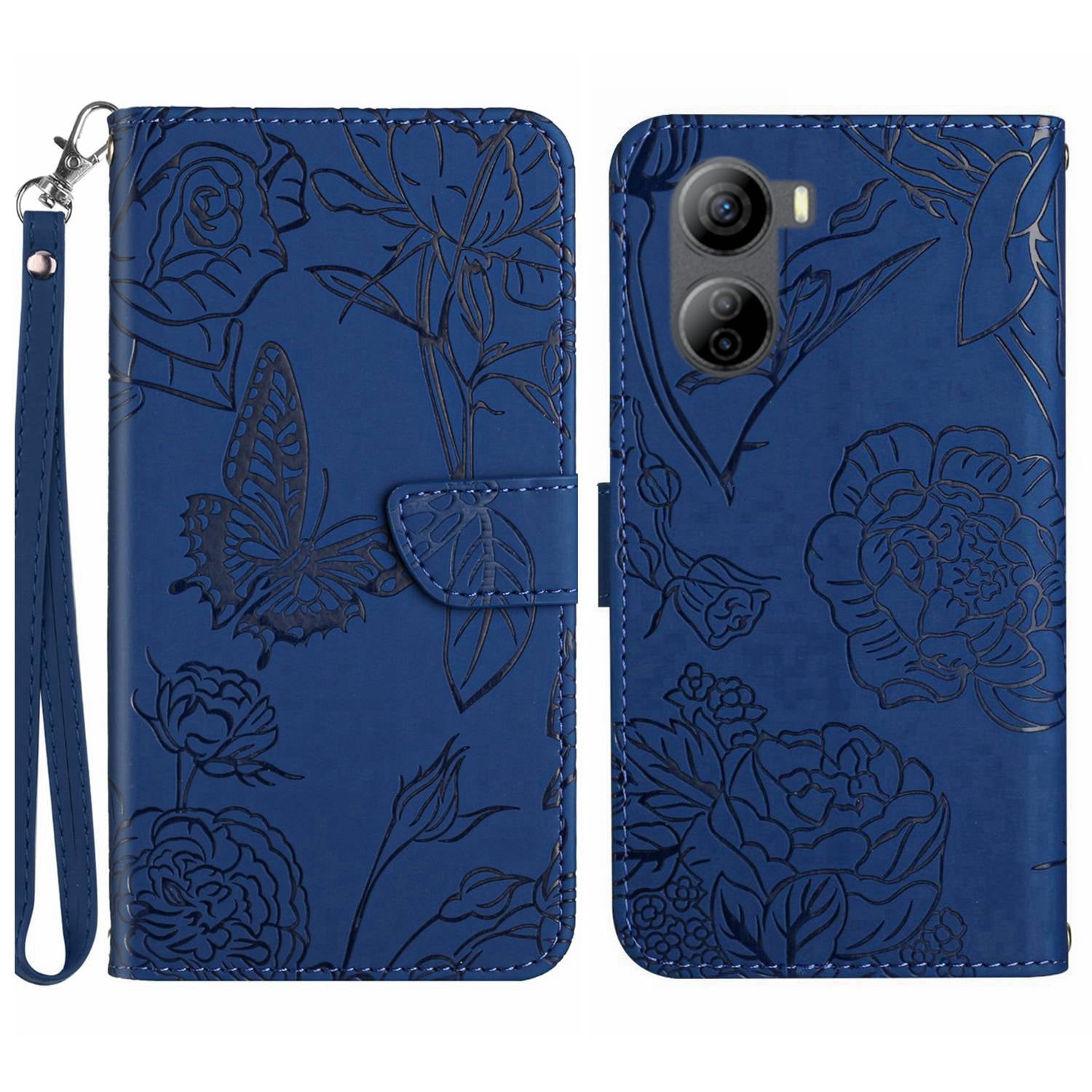 HT03 For ZTE Libero 5G IV Cell Phone Case Skin-touch Leather Cover with Butterfly Flower Pattern - Blue