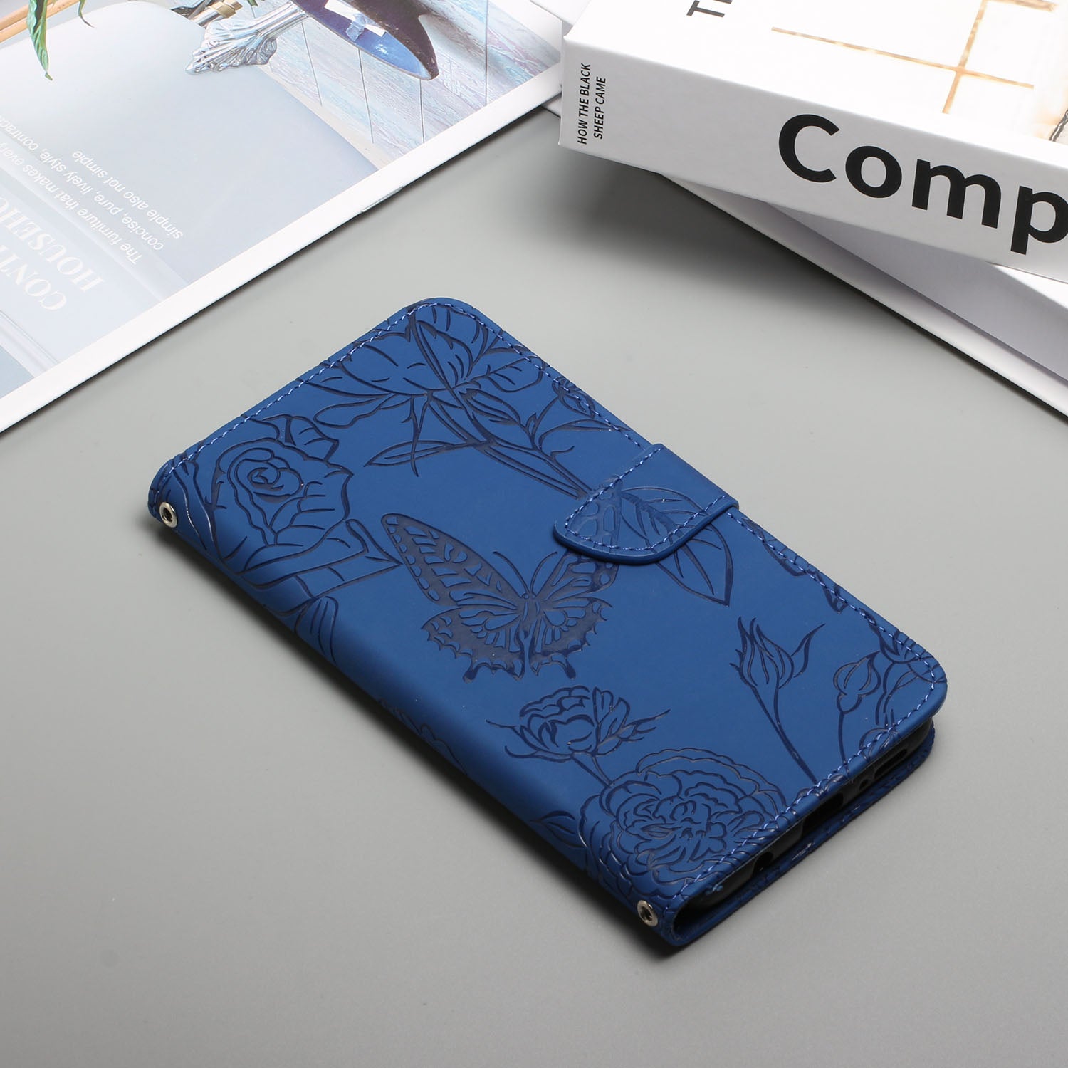 HT03 For ZTE Libero 5G IV Cell Phone Case Skin-touch Leather Cover with Butterfly Flower Pattern - Blue