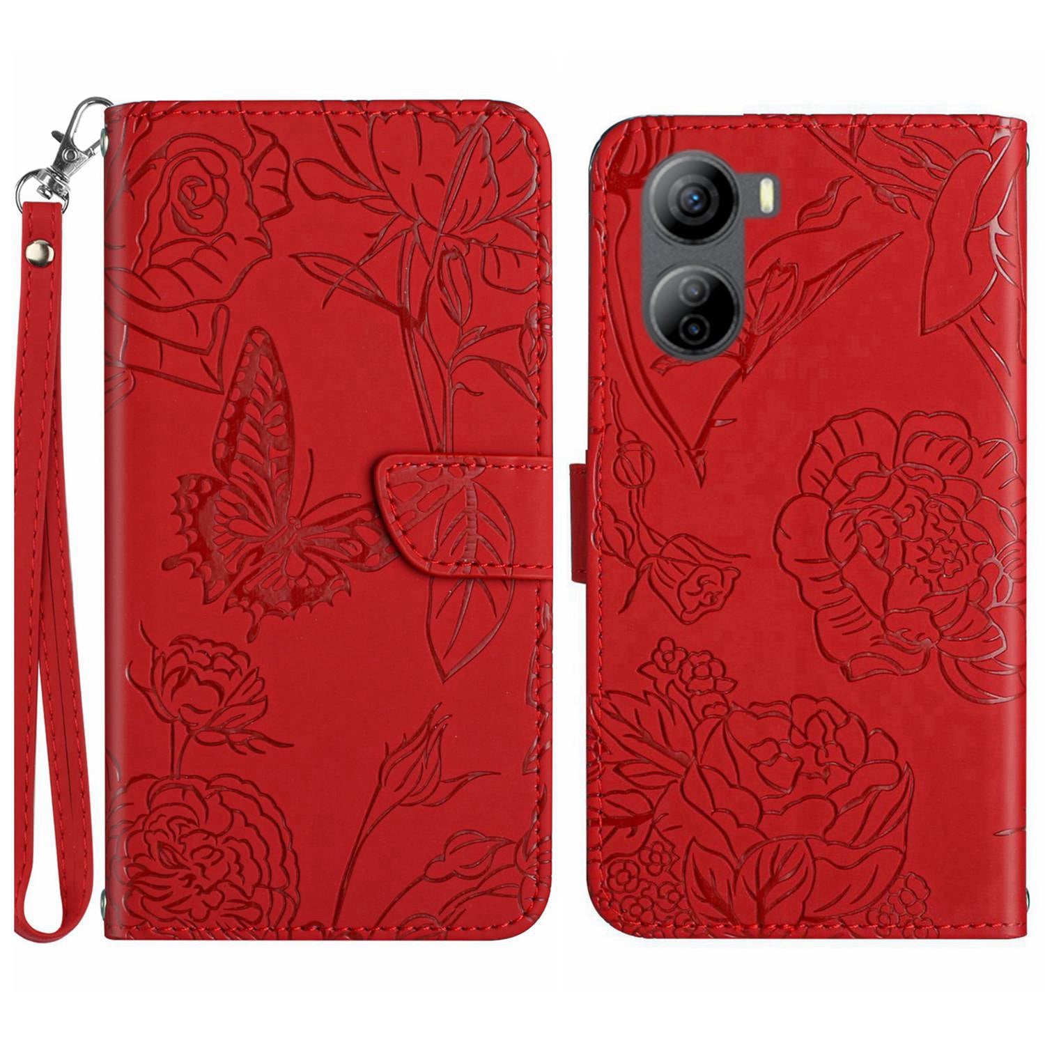 HT03 For ZTE Libero 5G IV Cell Phone Case Skin-touch Leather Cover with Butterfly Flower Pattern - Blue