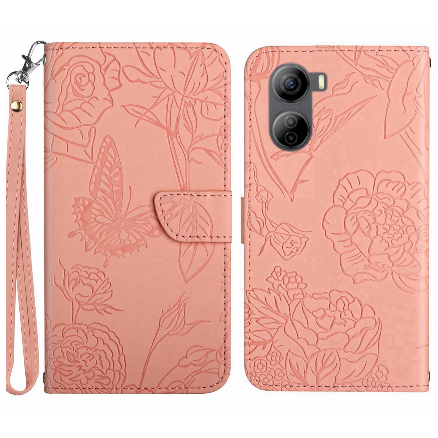 HT03 For ZTE Libero 5G IV Cell Phone Case Skin-touch Leather Cover with Butterfly Flower Pattern - Blue