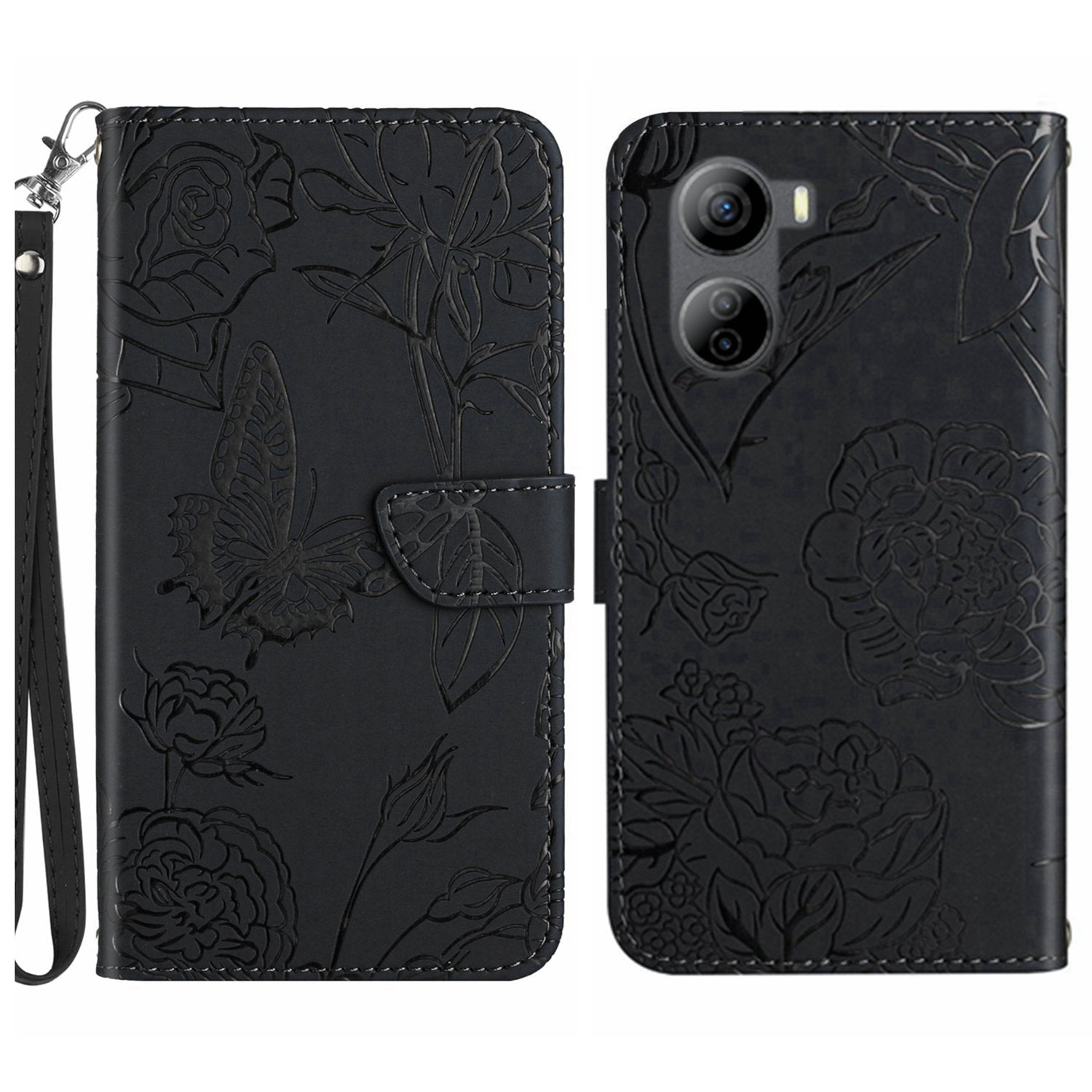 HT03 For ZTE Libero 5G IV Cell Phone Case Skin-touch Leather Cover with Butterfly Flower Pattern - Blue