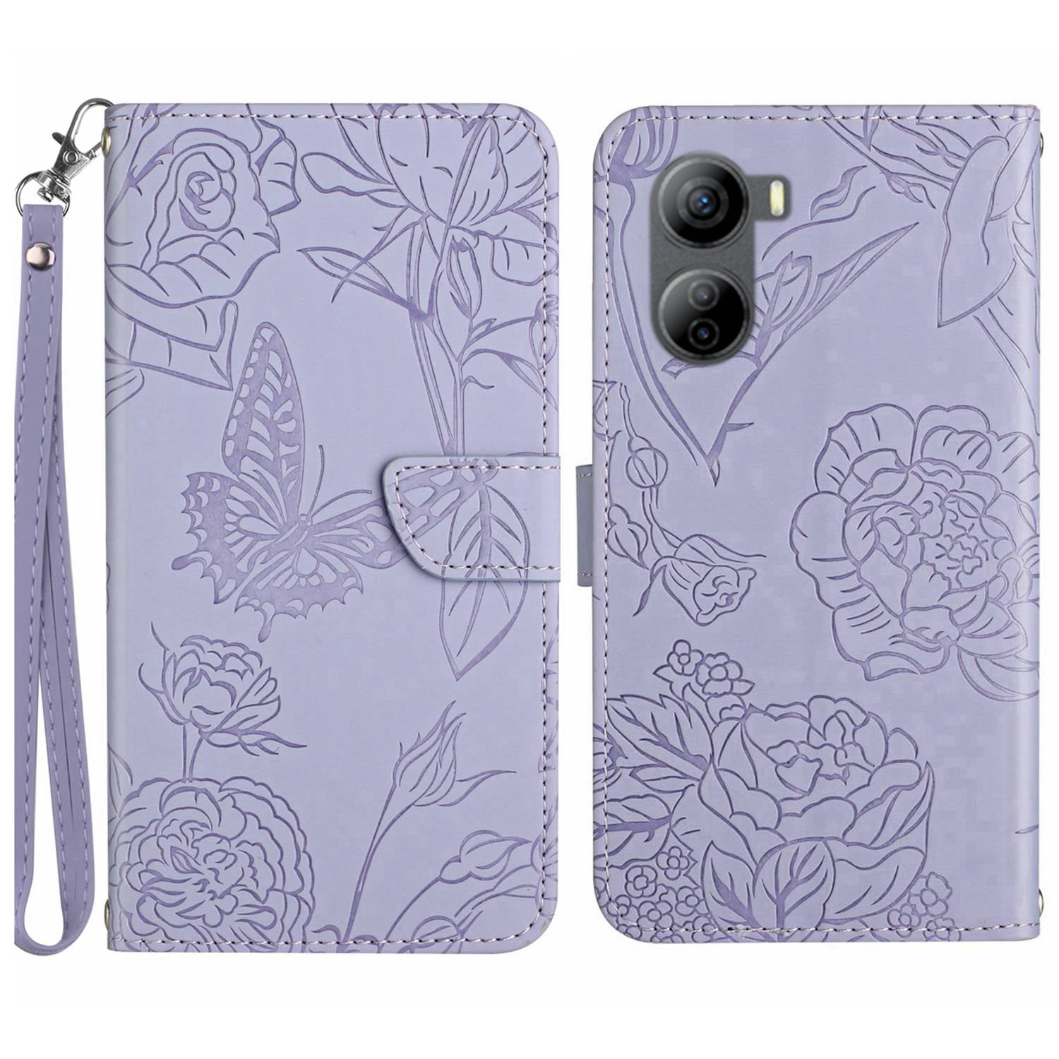 HT03 For ZTE Libero 5G IV Cell Phone Case Skin-touch Leather Cover with Butterfly Flower Pattern - Blue