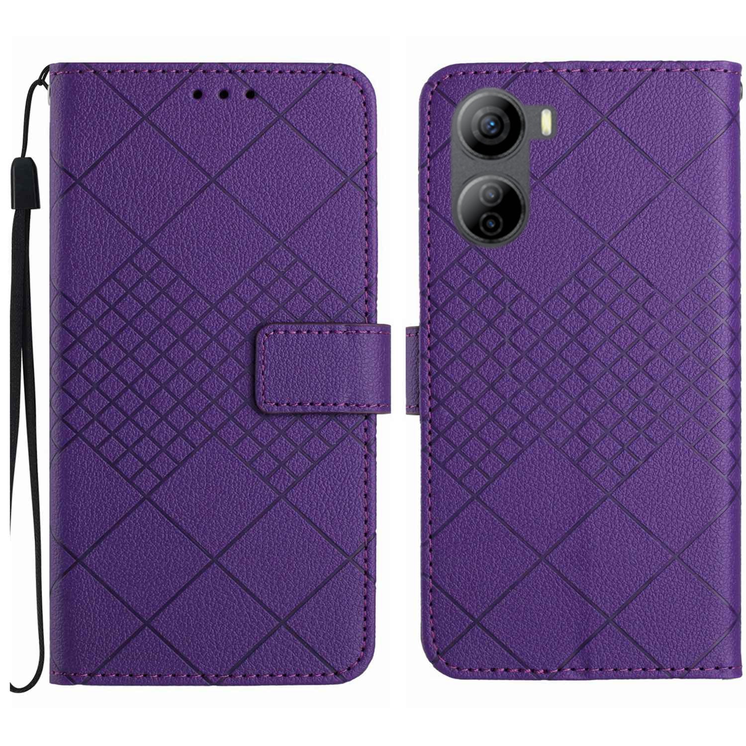 HT06 For ZTE Libero 5G IV Case PU Leather+TPU Litchi Texture Phone Stand Cover - Dark Purple