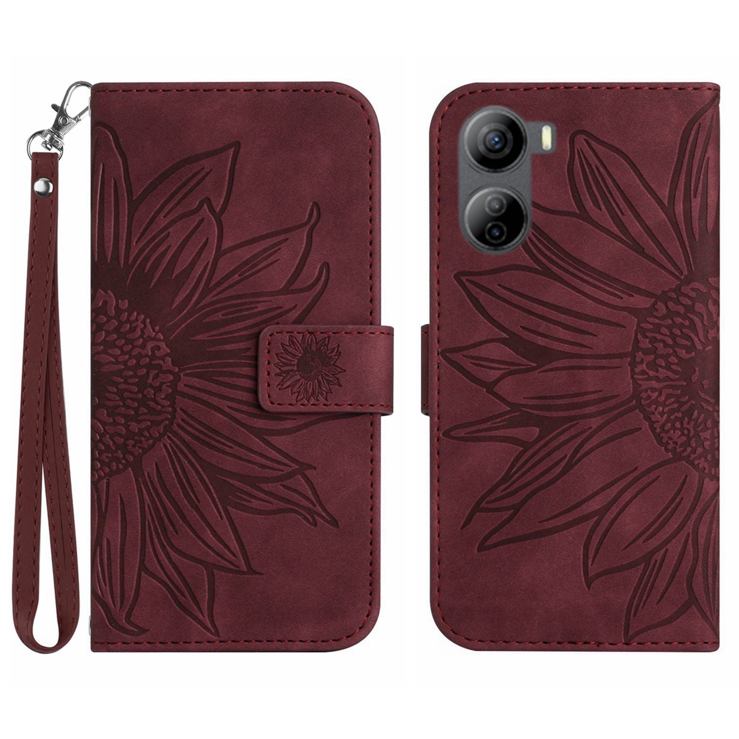 HT04 For ZTE Libero 5G IV Sunflower Series Phone Case Leather Wallet Cover with Hand Strap - Wine Red