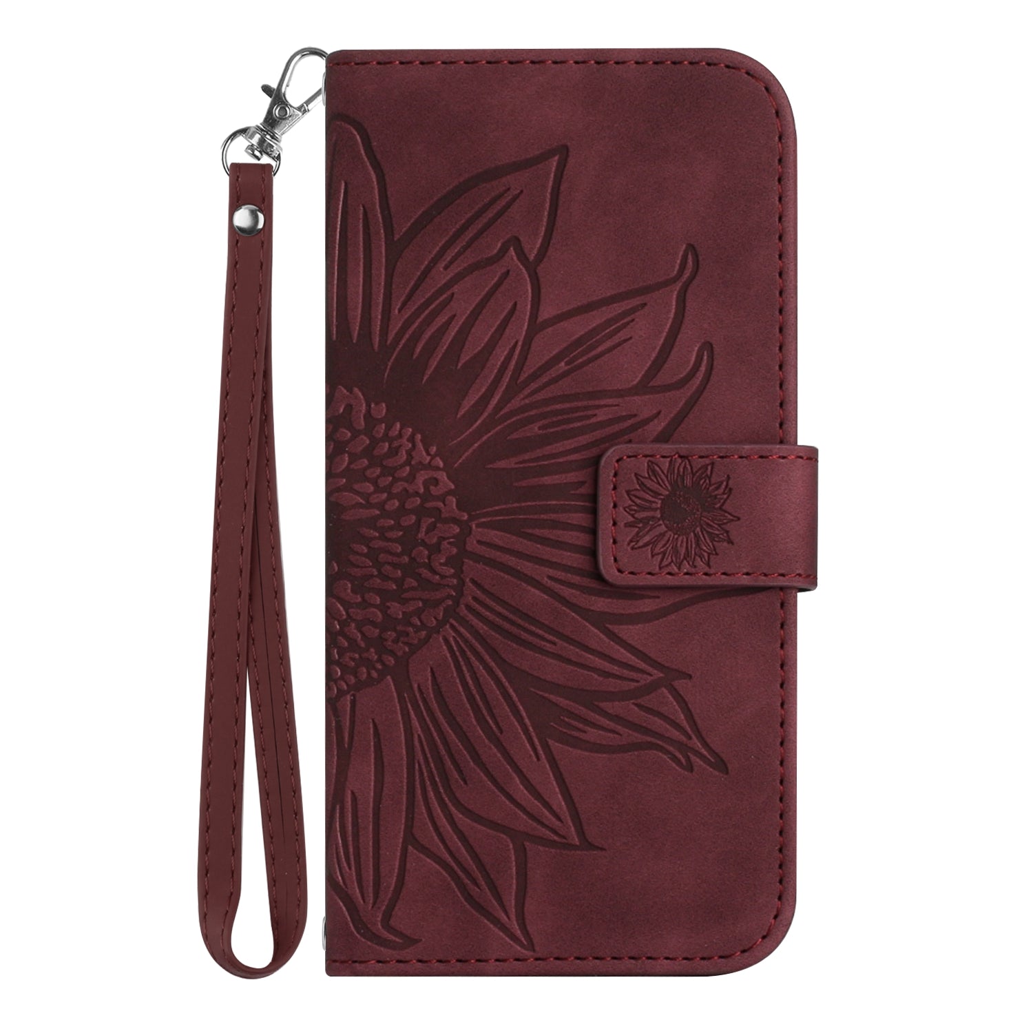 HT04 For ZTE Libero 5G IV Sunflower Series Phone Case Leather Wallet Cover with Hand Strap - Wine Red