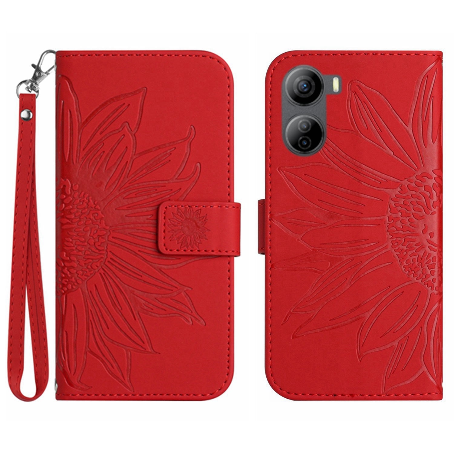 HT04 For ZTE Libero 5G IV Sunflower Series Phone Case Leather Wallet Cover with Hand Strap - Wine Red