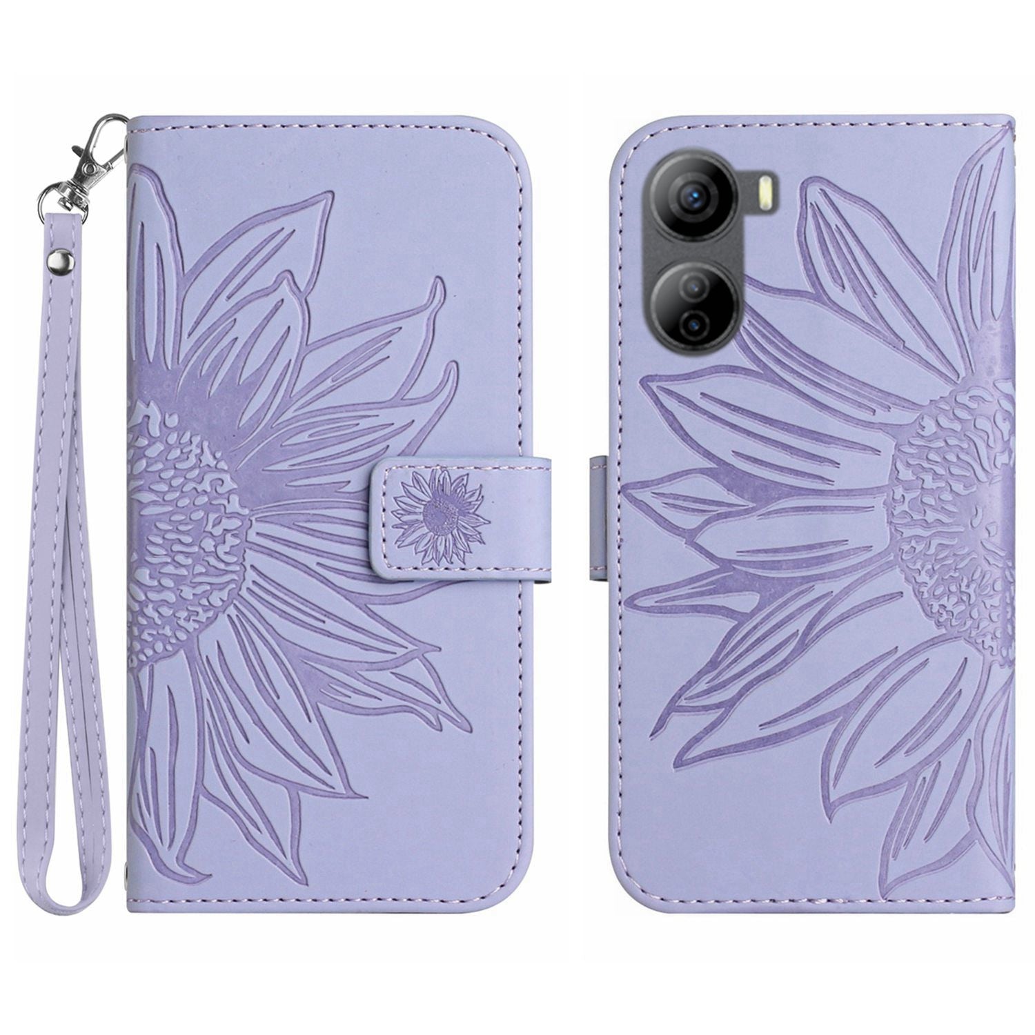 HT04 For ZTE Libero 5G IV Sunflower Series Phone Case Leather Wallet Cover with Hand Strap - Wine Red