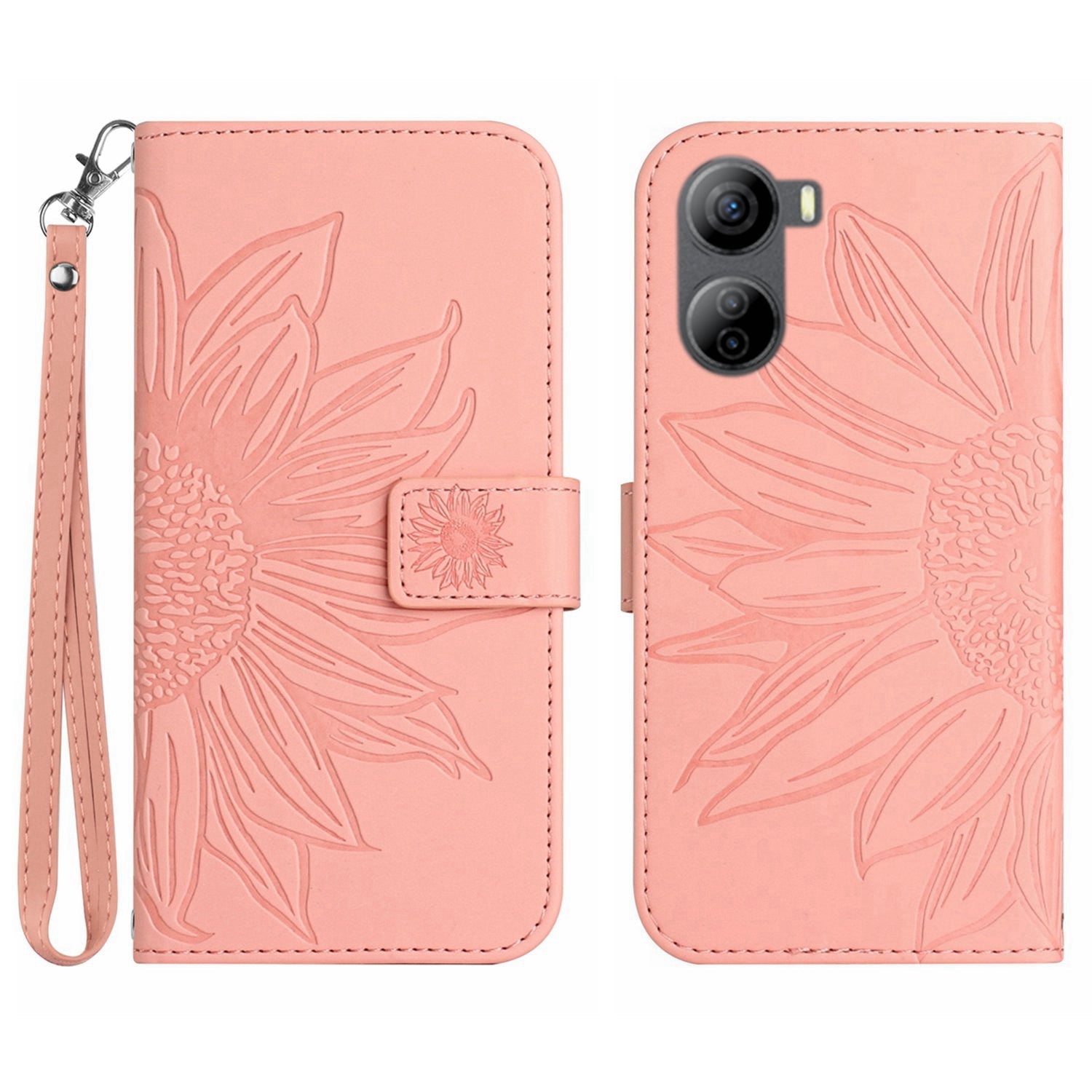 HT04 For ZTE Libero 5G IV Sunflower Series Phone Case Leather Wallet Cover with Hand Strap - Wine Red