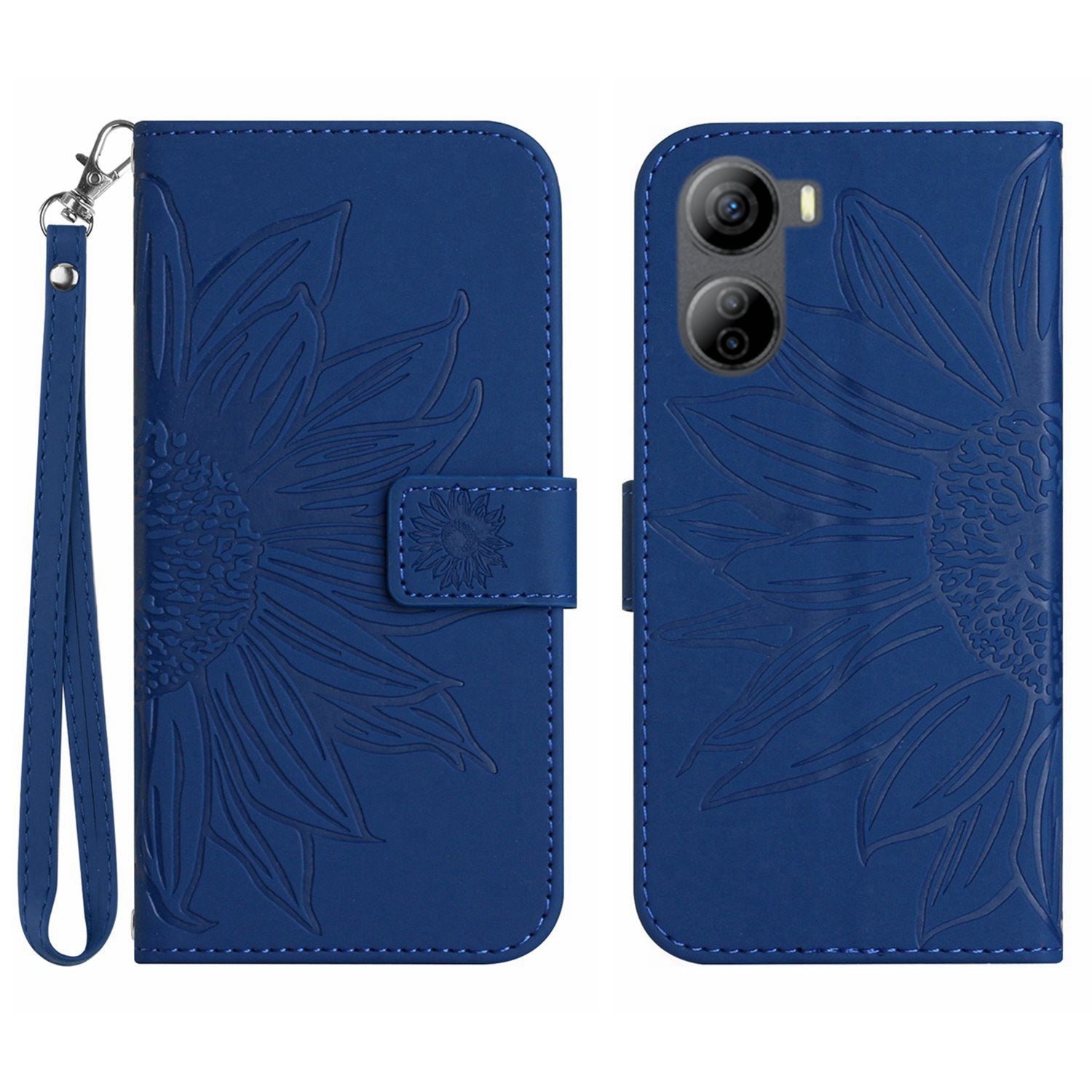 HT04 For ZTE Libero 5G IV Sunflower Series Phone Case Leather Wallet Cover with Hand Strap - Wine Red