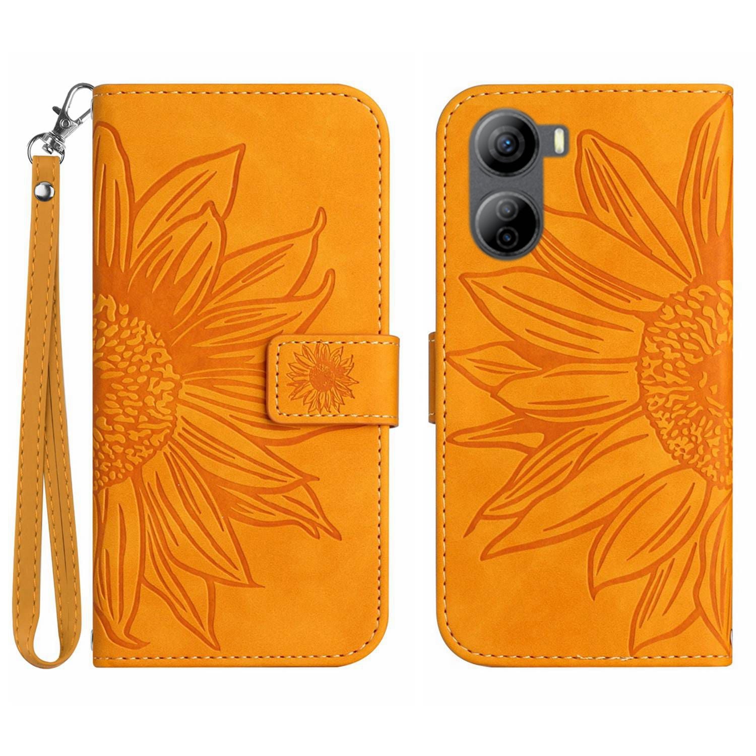HT04 For ZTE Libero 5G IV Sunflower Series Phone Case Leather Wallet Cover with Hand Strap - Wine Red