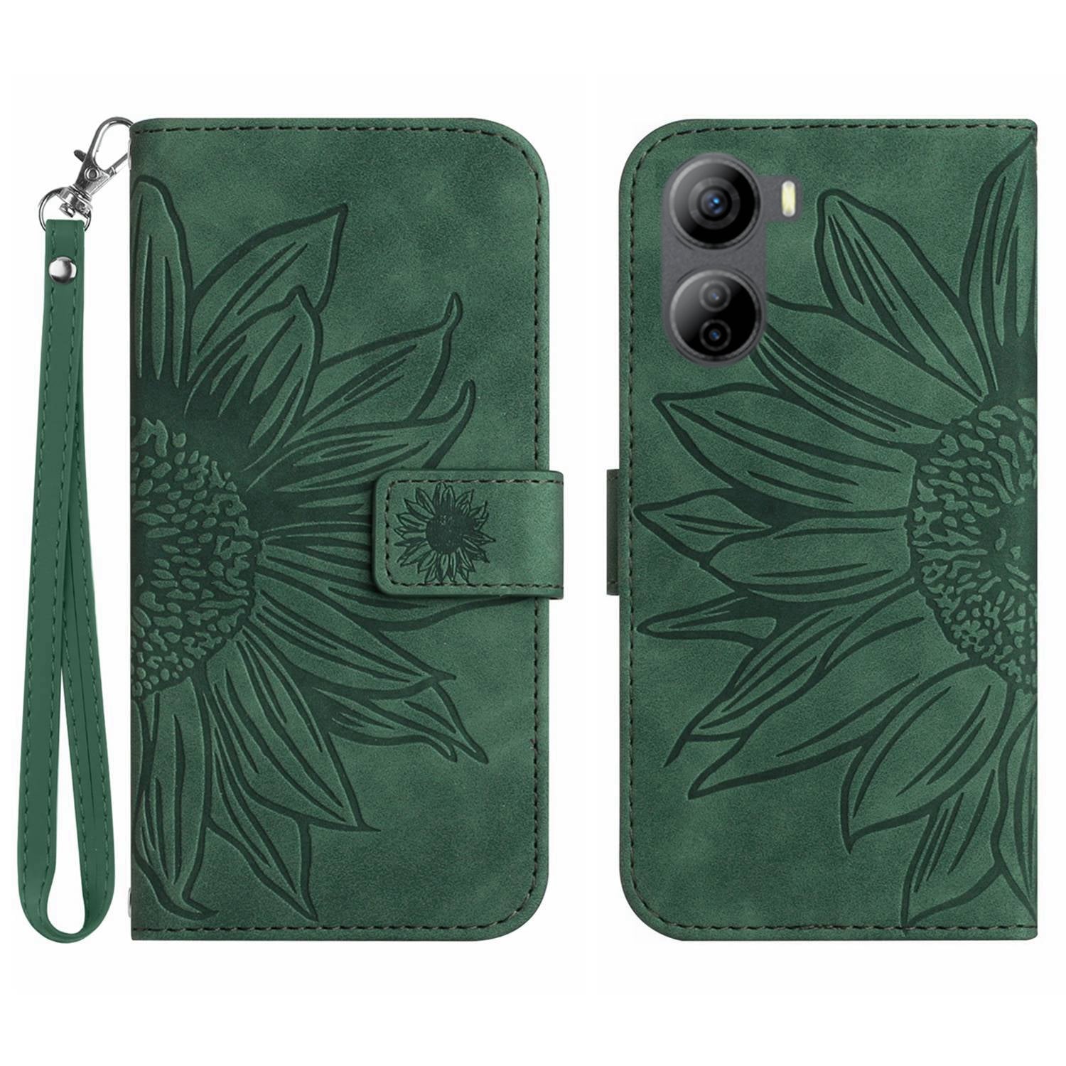 HT04 For ZTE Libero 5G IV Sunflower Series Phone Case Leather Wallet Cover with Hand Strap - Wine Red