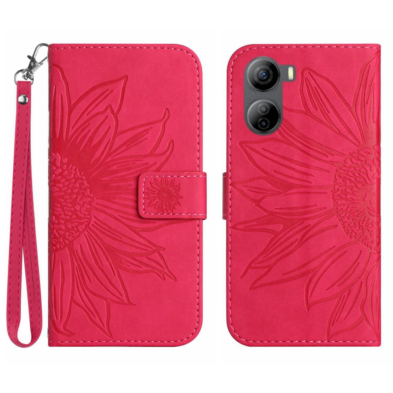 HT04 For ZTE Libero 5G IV Sunflower Series Phone Case Leather Wallet Cover with Hand Strap - Wine Red