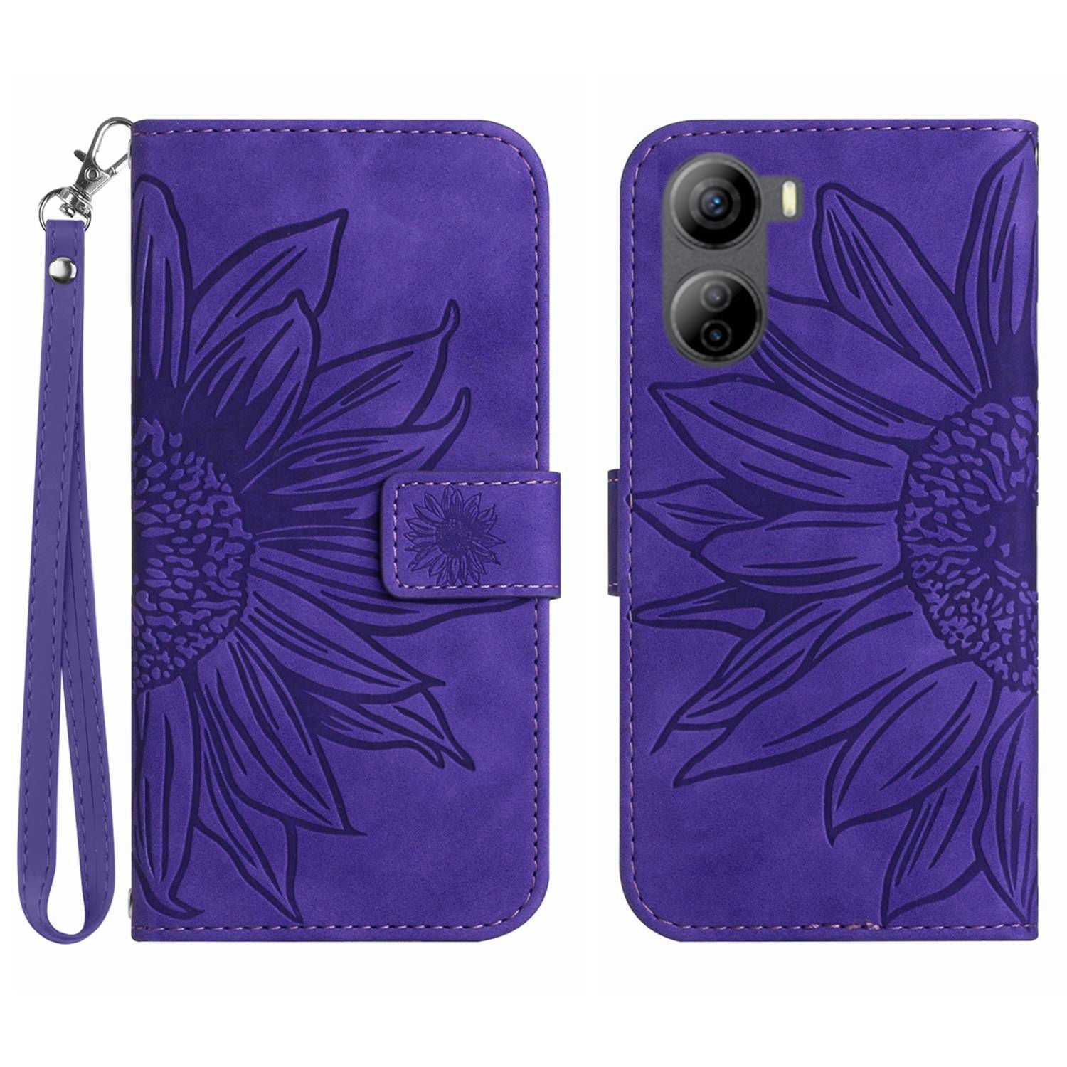 HT04 For ZTE Libero 5G IV Sunflower Series Phone Case Leather Wallet Cover with Hand Strap - Wine Red