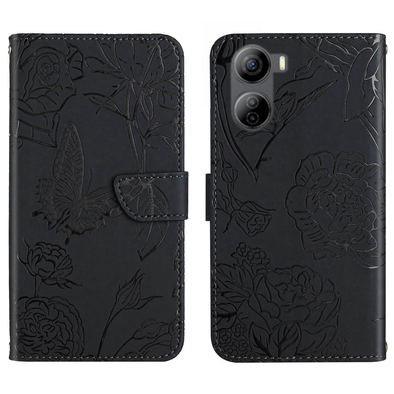 HT03 For ZTE Libero 5G IV Case Imprinted Leather Wallet Phone Cover with Long Strap - Black
