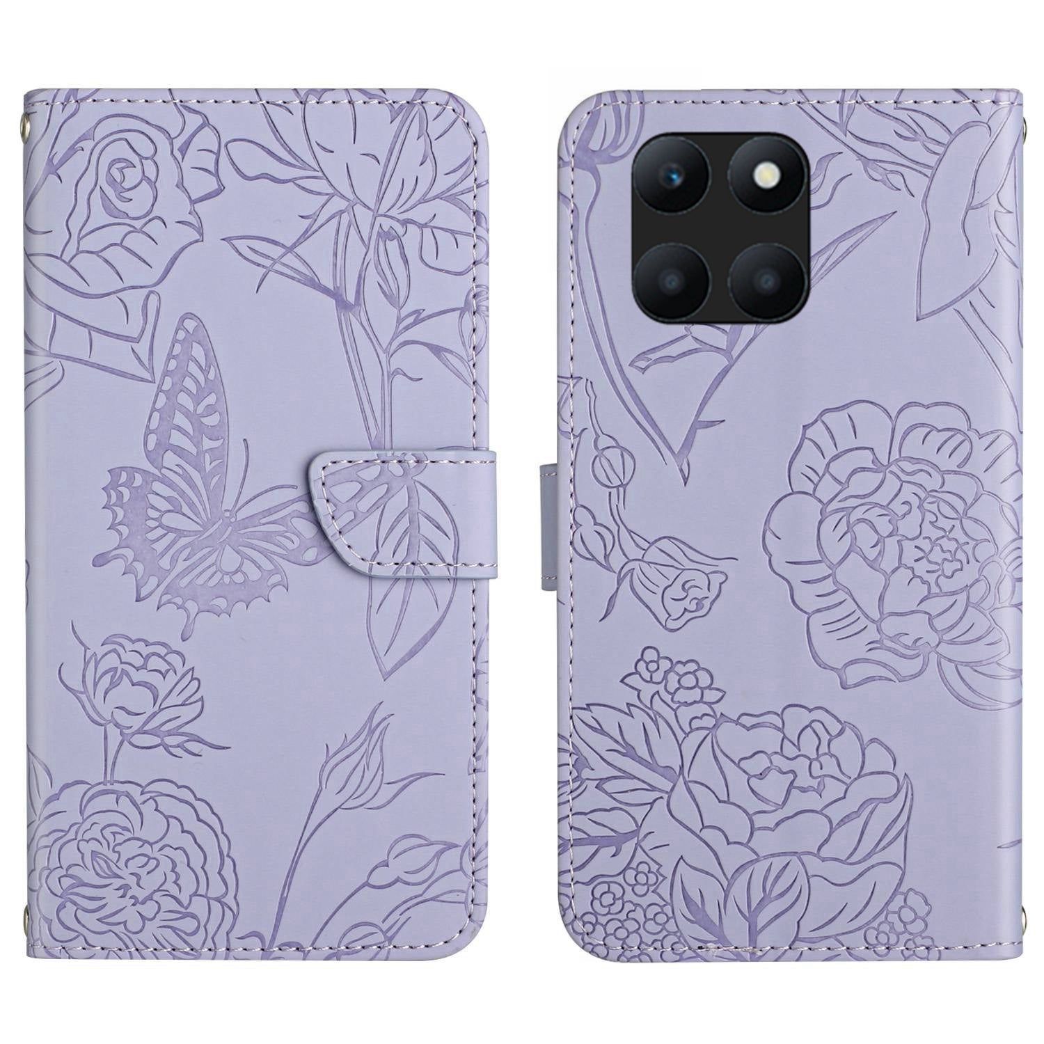 HT03 For Honor X8b 4G Cell Phone Cover Imprinted Leather Card Holder Case with Shoulder Strap - Purple