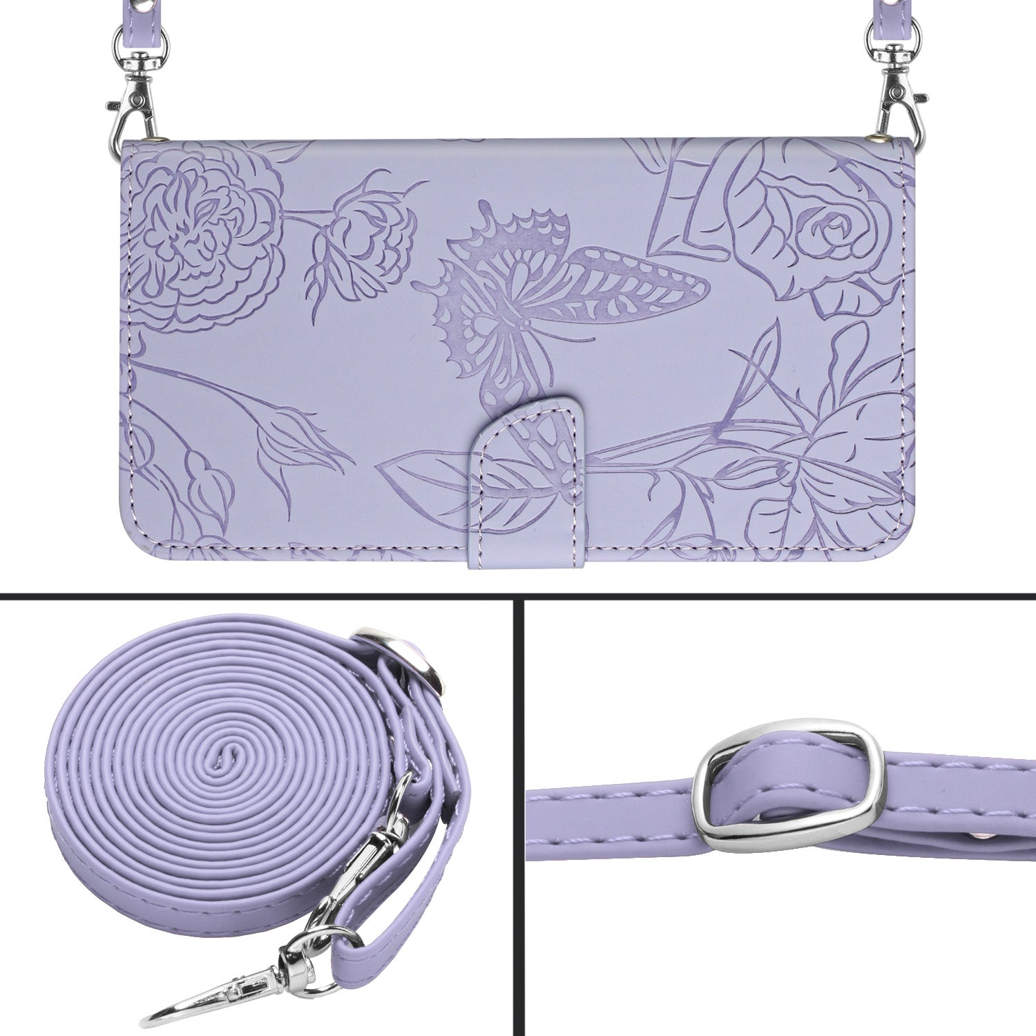 HT03 For Honor X8b 4G Cell Phone Cover Imprinted Leather Card Holder Case with Shoulder Strap - Purple