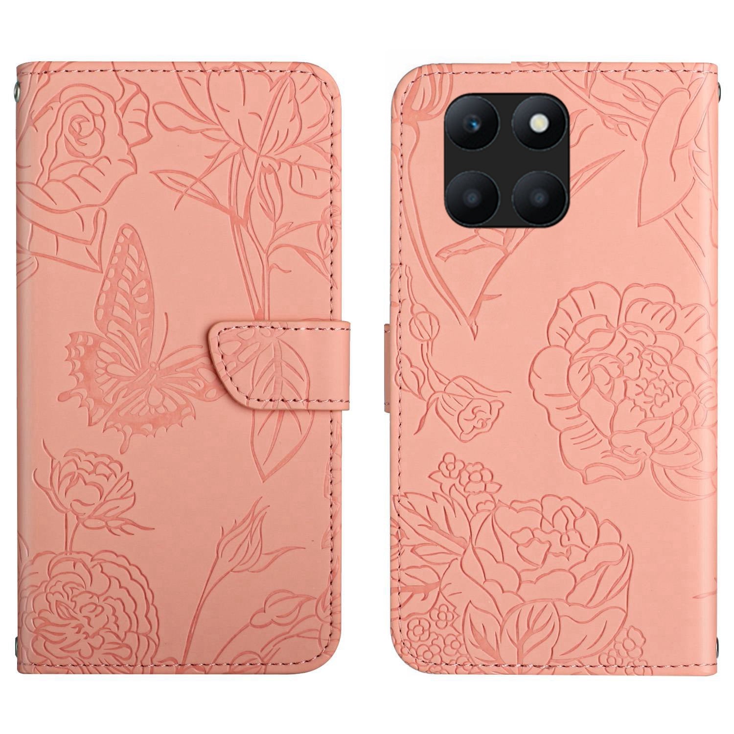 HT03 For Honor X8b 4G Cell Phone Cover Imprinted Leather Card Holder Case with Shoulder Strap - Purple