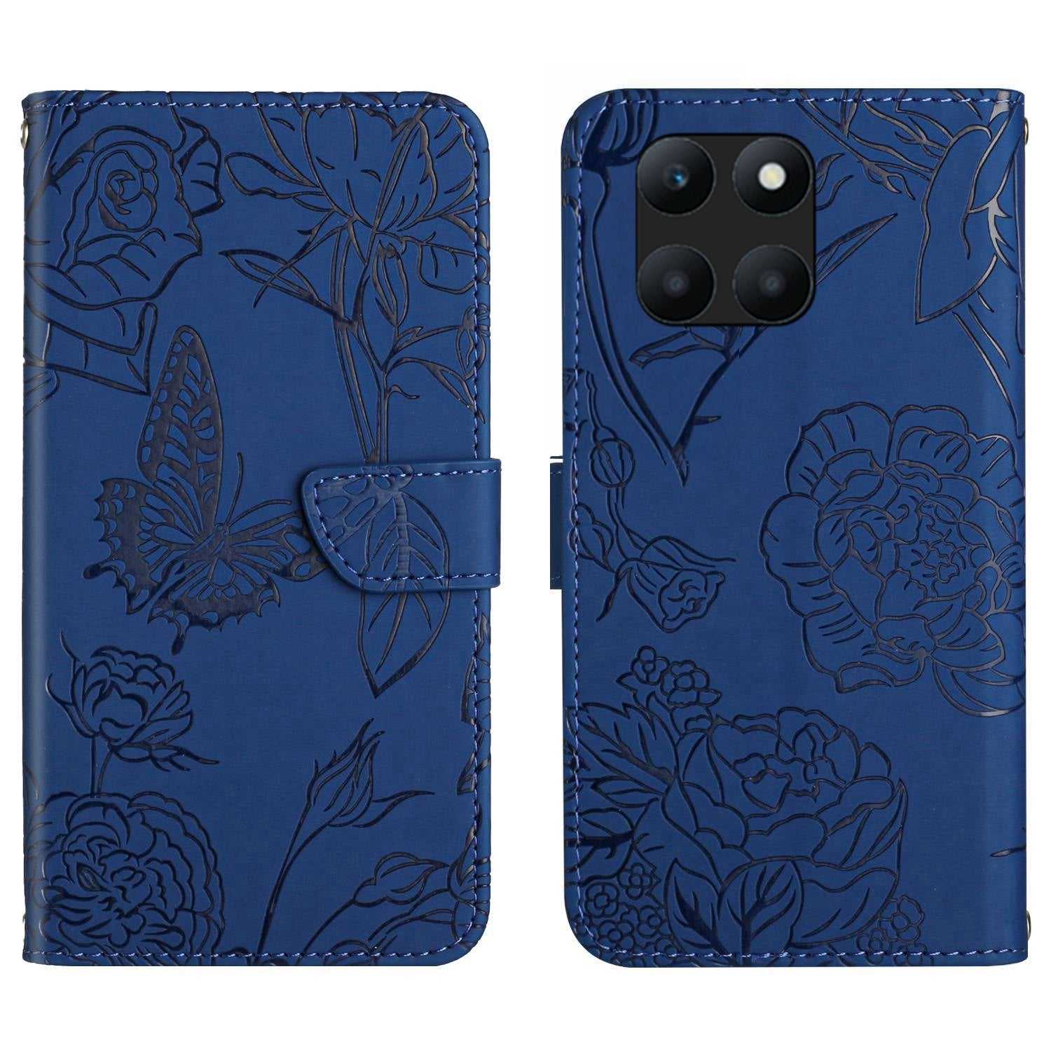 HT03 For Honor X8b 4G Cell Phone Cover Imprinted Leather Card Holder Case with Shoulder Strap - Purple