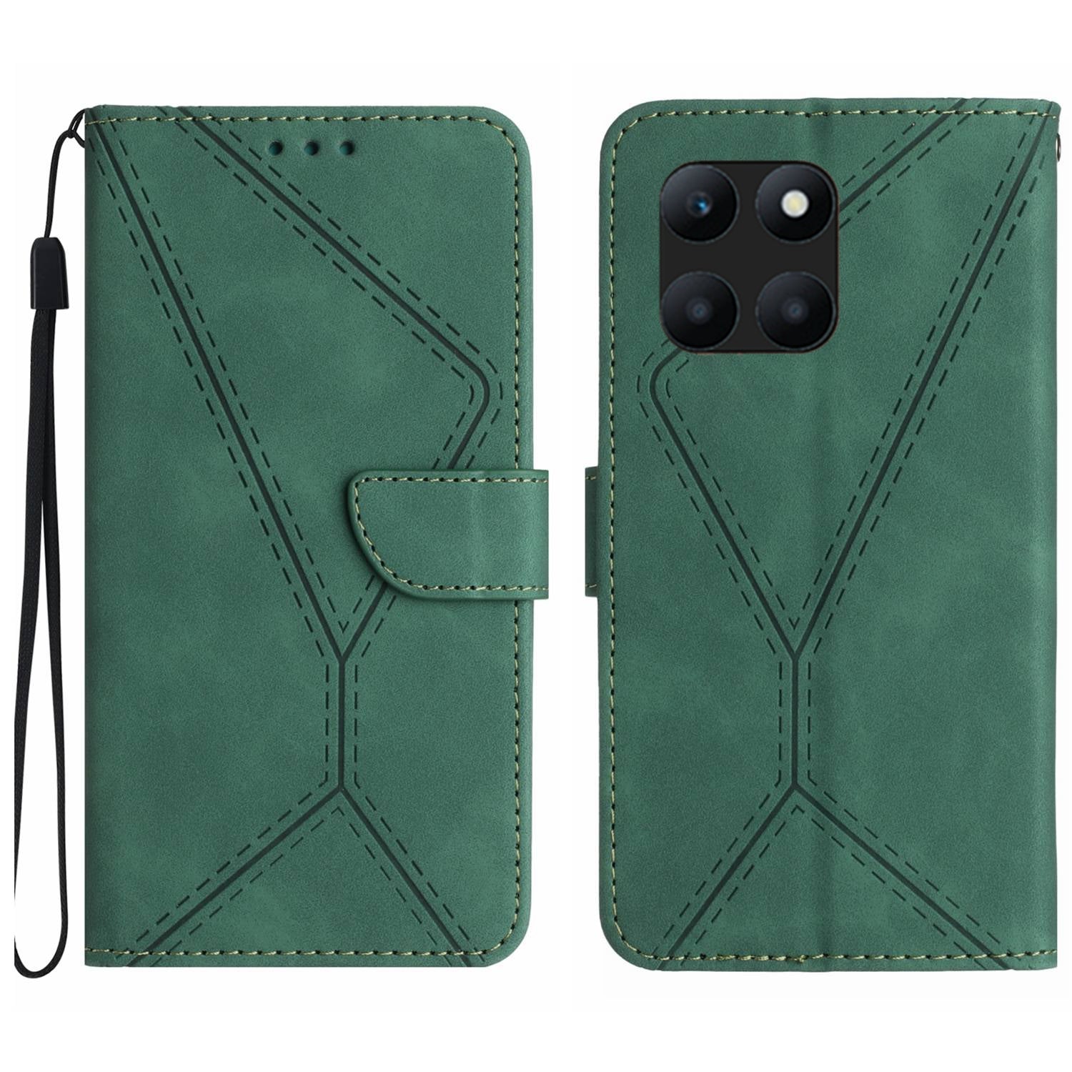 HT05 For Honor X8b 4G Magnetic Phone Case Leather Imprinted Line Cover with Wrist Strap - Green