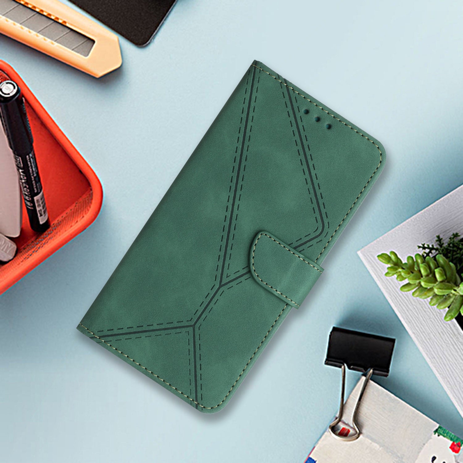 HT05 For Honor X8b 4G Magnetic Phone Case Leather Imprinted Line Cover with Wrist Strap - Green