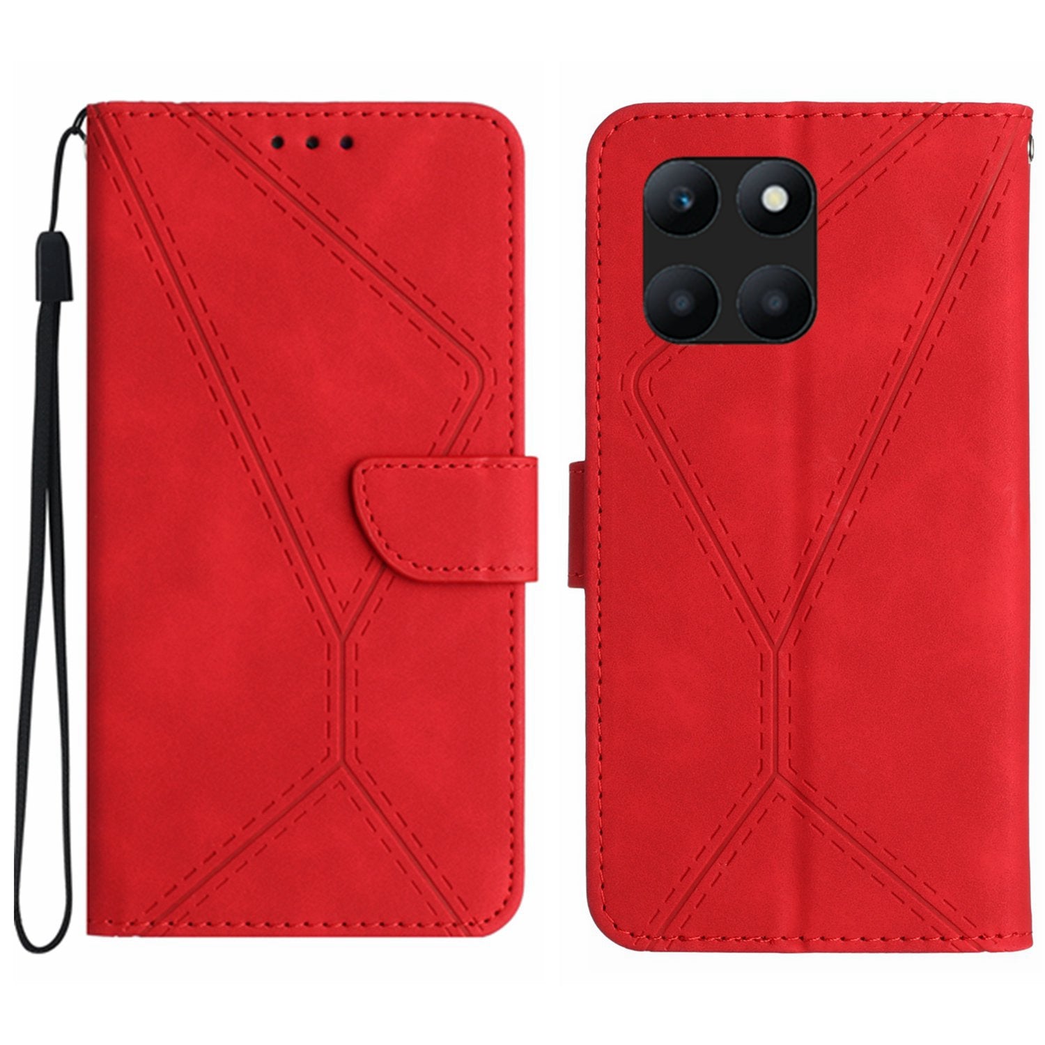 HT05 For Honor X8b 4G Magnetic Phone Case Leather Imprinted Line Cover with Wrist Strap - Green