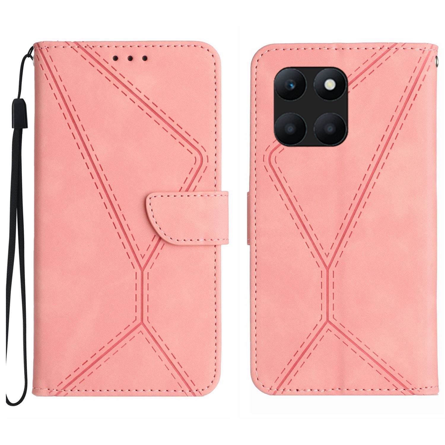 HT05 For Honor X8b 4G Magnetic Phone Case Leather Imprinted Line Cover with Wrist Strap - Green