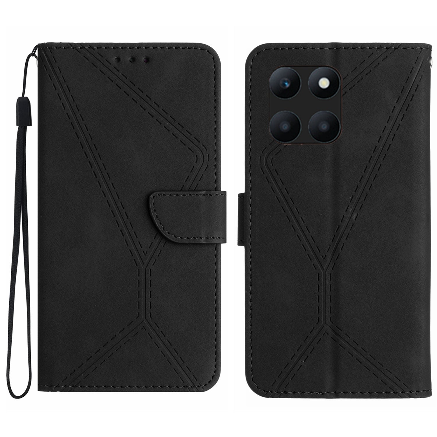 HT05 For Honor X8b 4G Magnetic Phone Case Leather Imprinted Line Cover with Wrist Strap - Green