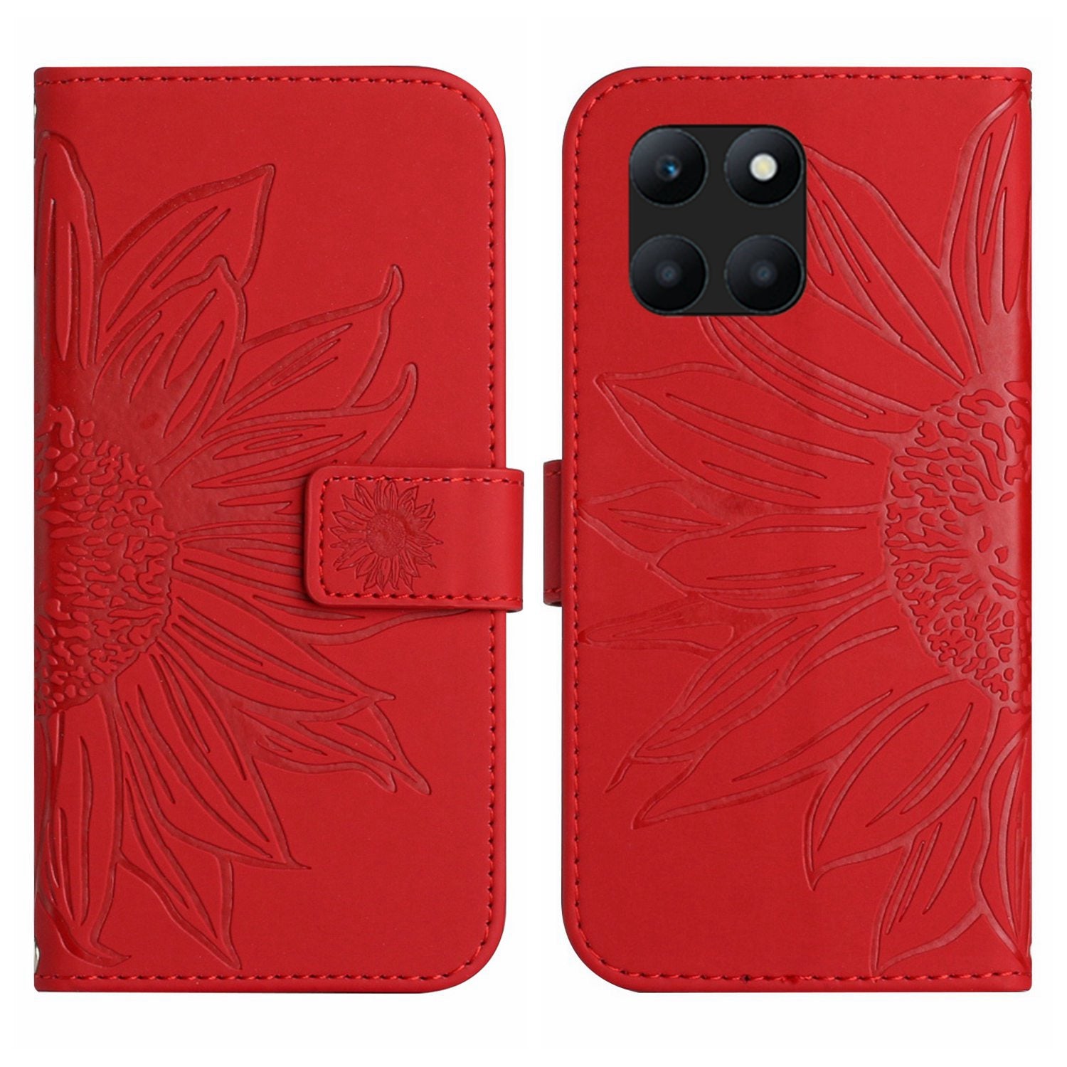 HT04 For Honor X8b 4G Magnetic Phone Case Sunflower Imprint PU Leather Wallet Cover - Red