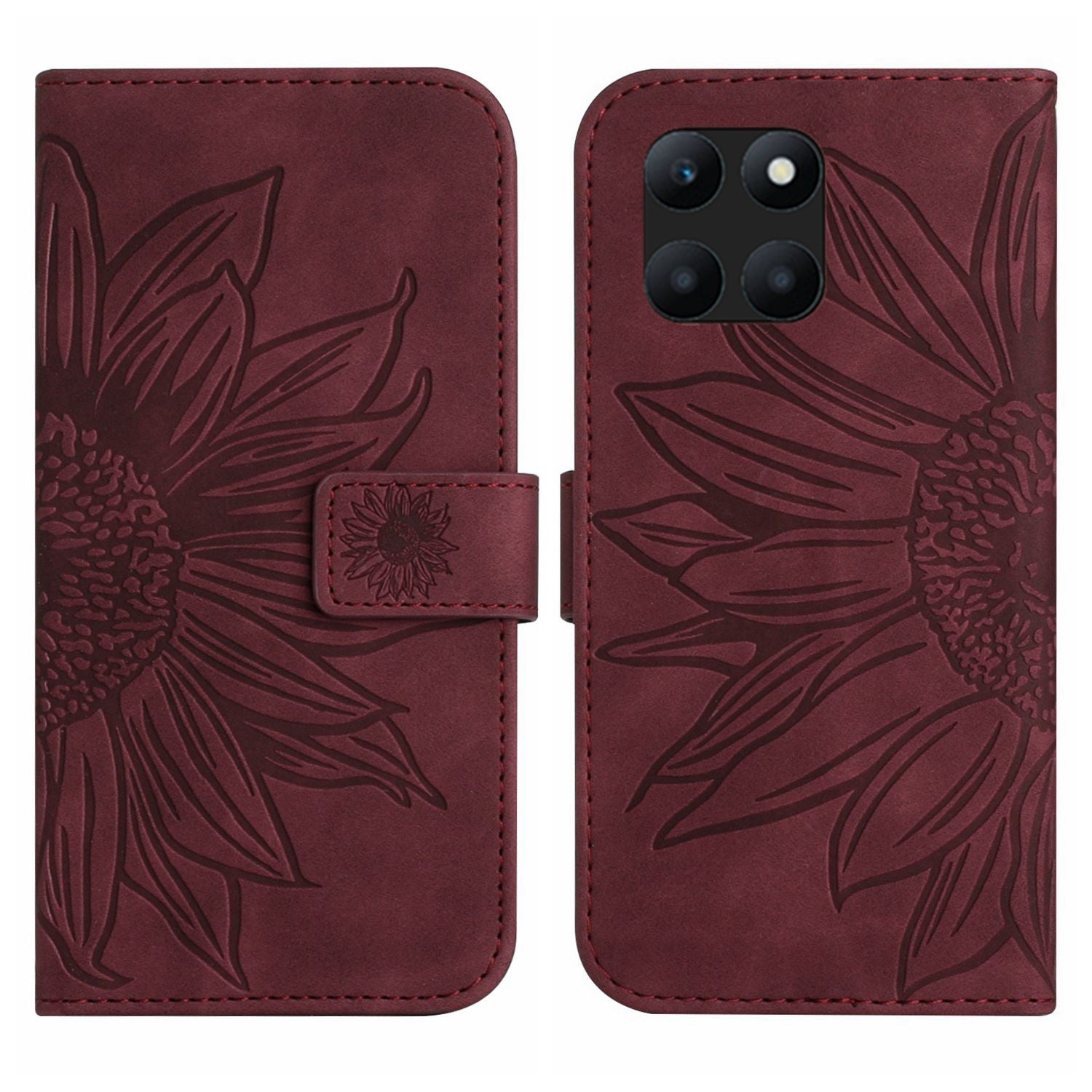 HT04 For Honor X8b 4G Magnetic Phone Case Sunflower Imprint PU Leather Wallet Cover - Red