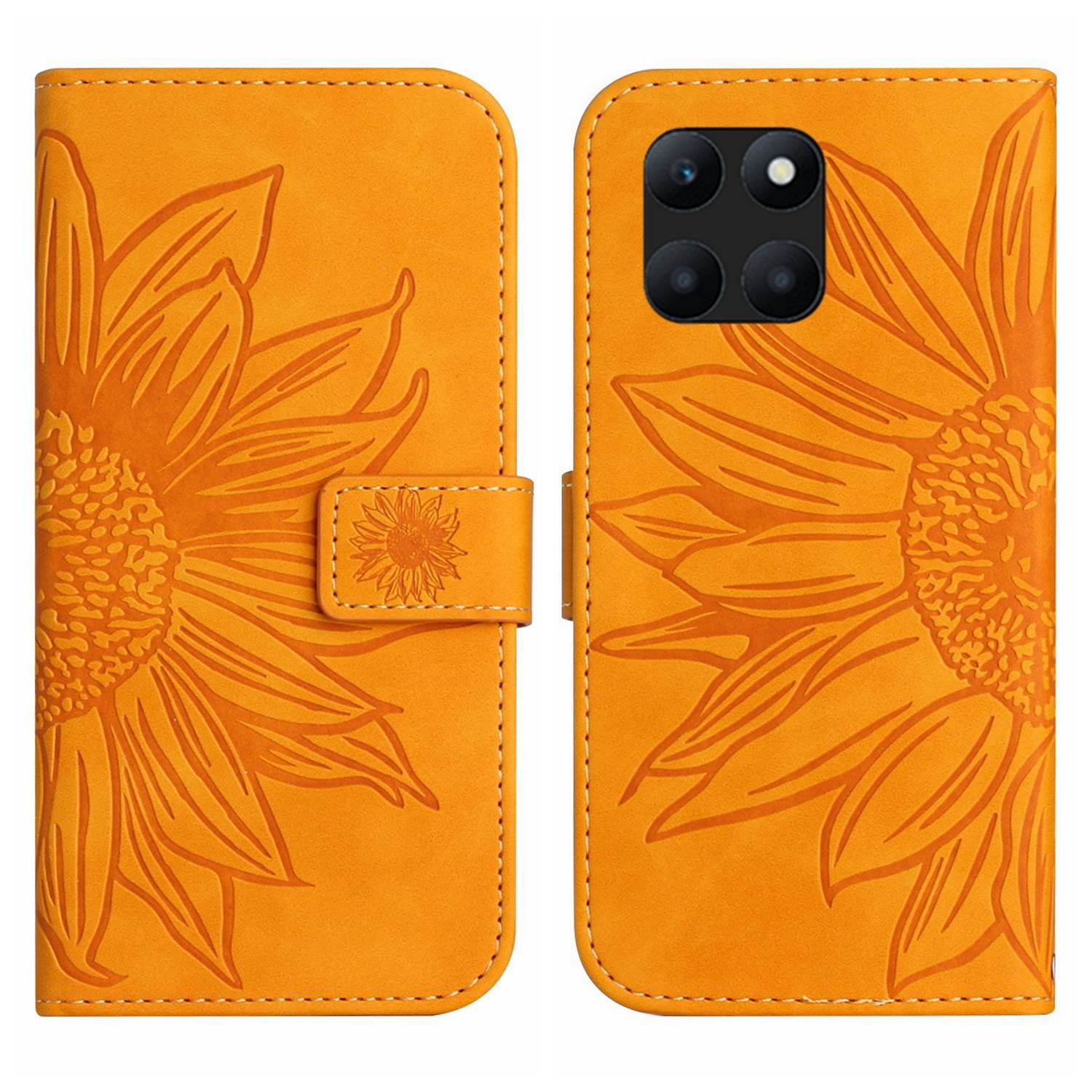HT04 For Honor X8b 4G Magnetic Phone Case Sunflower Imprint PU Leather Wallet Cover - Red