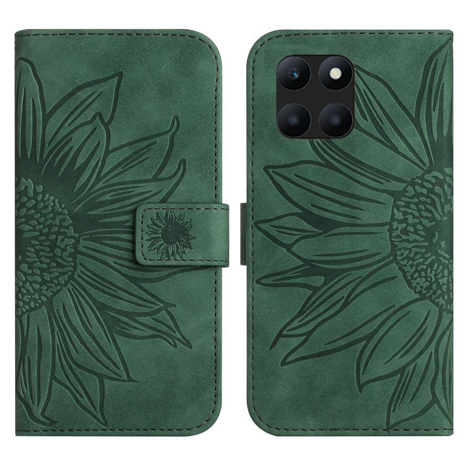 HT04 For Honor X8b 4G Magnetic Phone Case Sunflower Imprint PU Leather Wallet Cover - Red